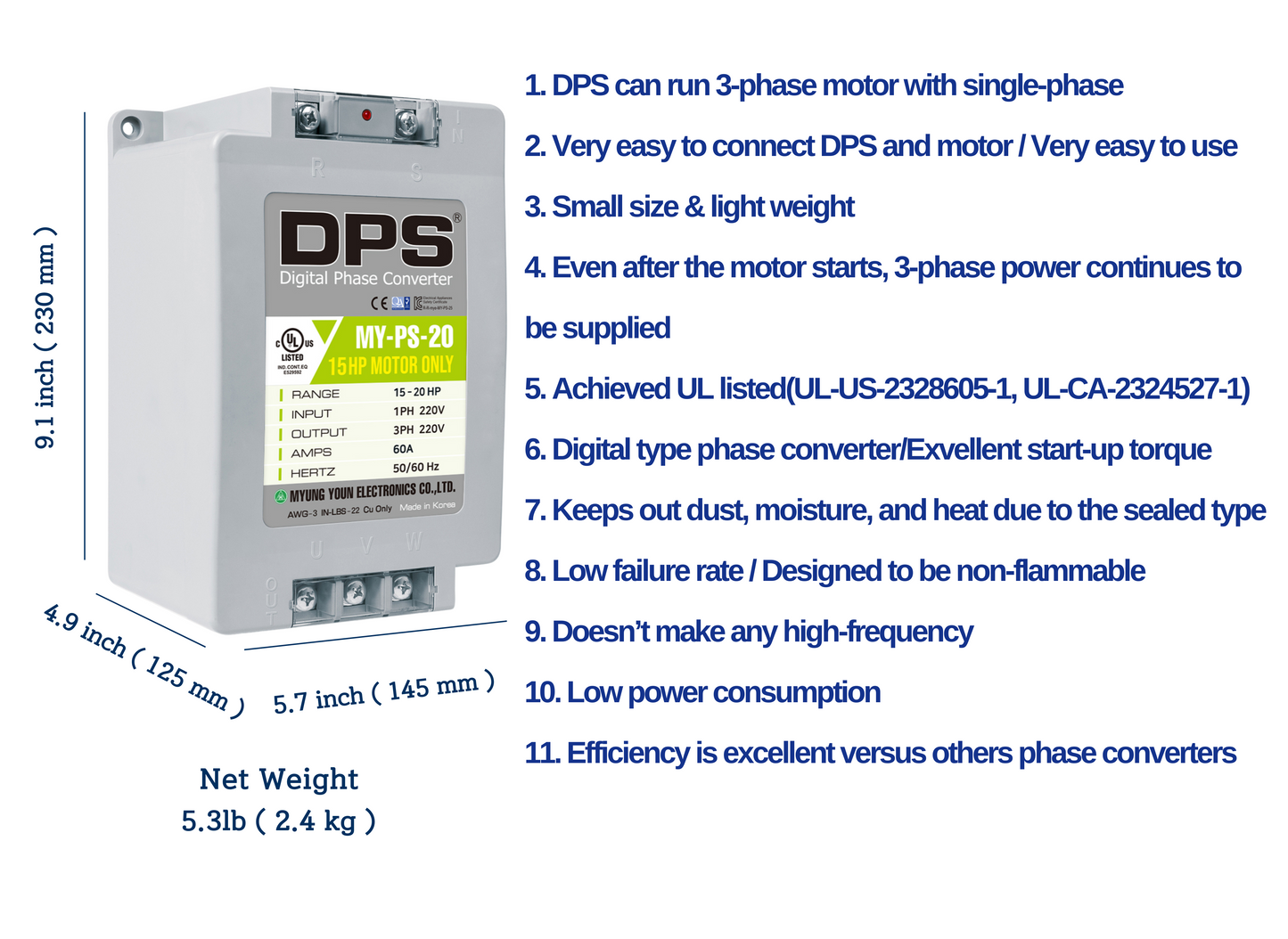 DPS Used for 15HP(11kW) 45A Motor, Single to 3 Phase Converter, MY-PS-20, 1 DPS Must Be Used for 1 Motor Only, Input/Output 200-240V, UL Listed