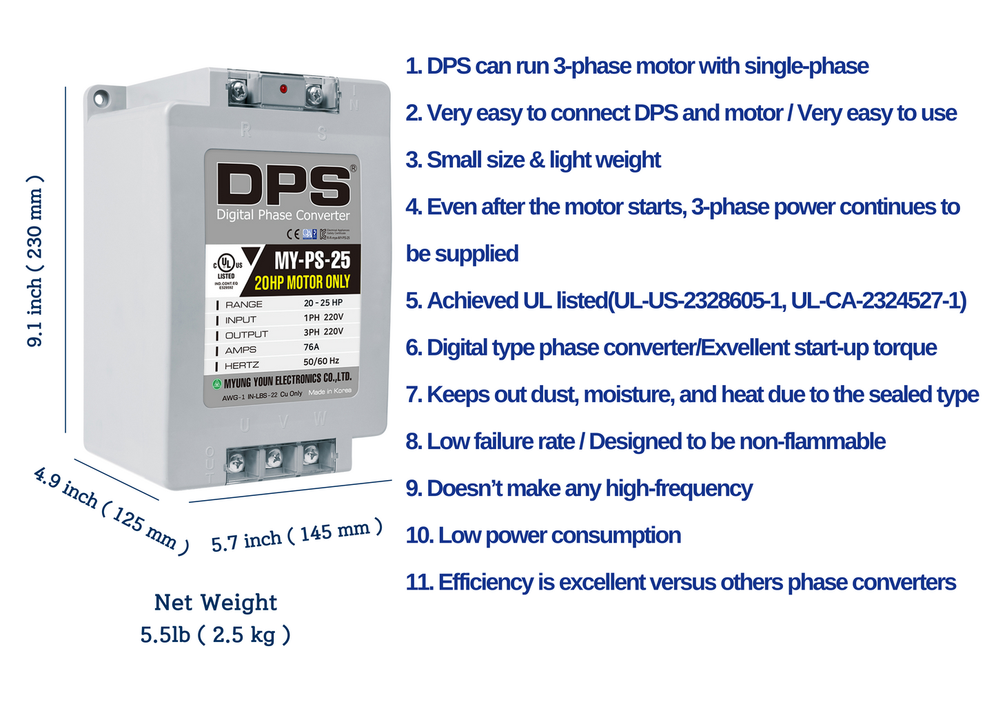 DPS Used for 20HP(15kW) 60A Motor, Single to 3 Phase Converter, MY-PS-25, 1 DPS Must Be Used for 1 Motor Only, Input/Output 200-240V, UL Listed