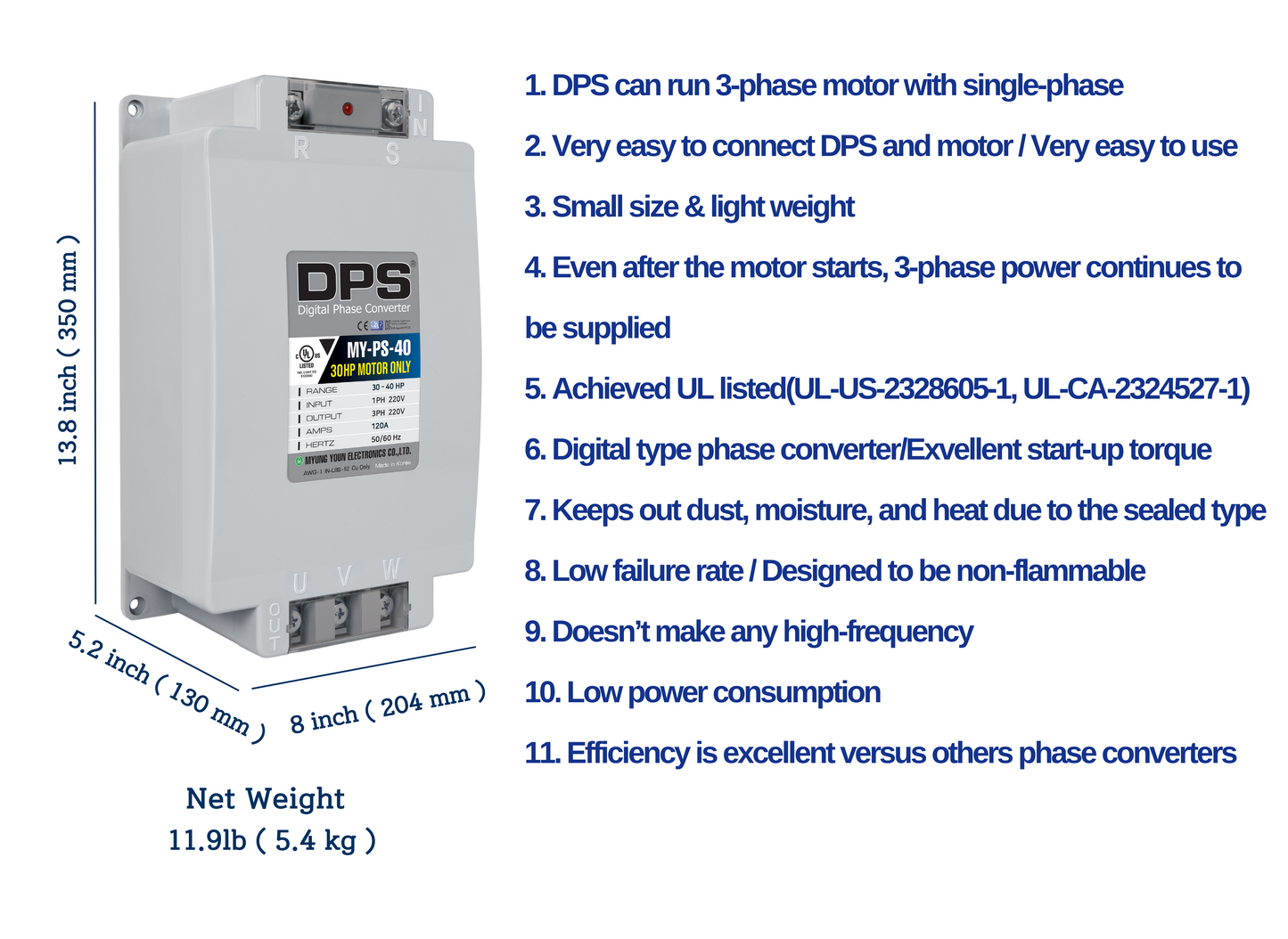 DPS Used for 30HP(22.5kW) 90A Motor, Single to 3 Phase Converter, MY-PS-40, 1 DPS Must Be Used for 1 Motor Only, Input/Output 200-240V, UL Listed