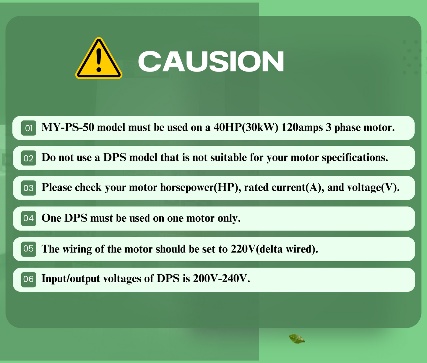 DPS Used for 40HP(30kW) 120A Motor, Single to 3 Phase Converter, MY-PS-50, 1 DPS Must Be Used for 1 Motor Only, Input/Output 200-240V, UL Listed