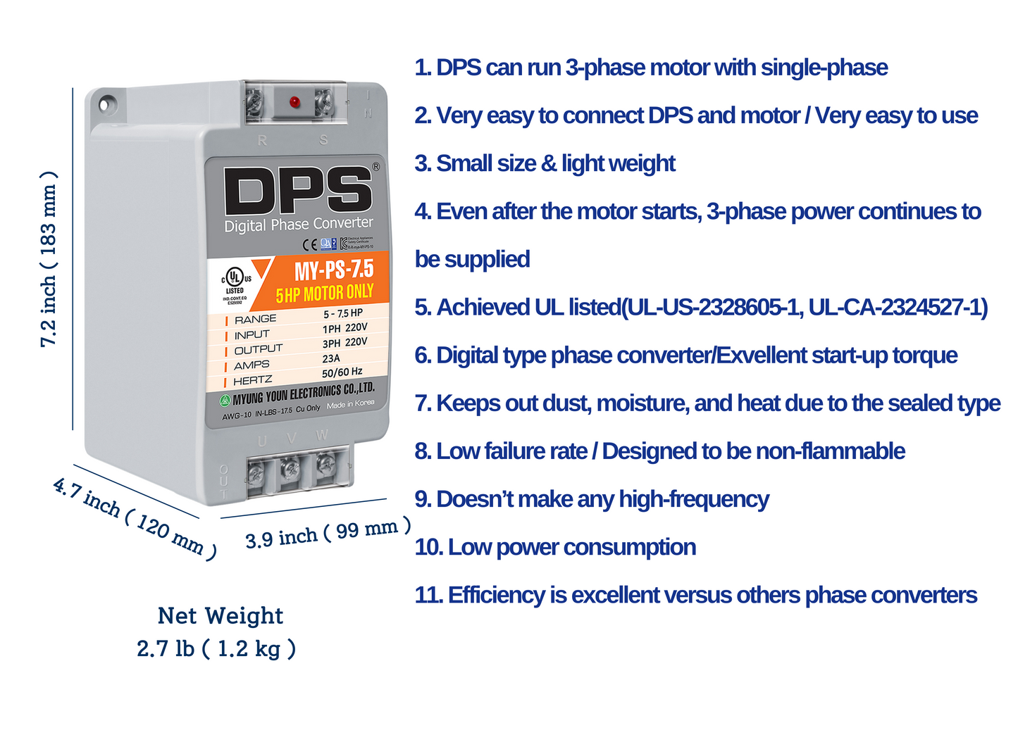 DPS Used for 5HP(3.7kW) 15A Motor, Single to 3 Phase Converter, MY-PS-7.5, 1 DPS Must Be Used for 1 Motor Only, Input/Output 200-240V, UL Listed