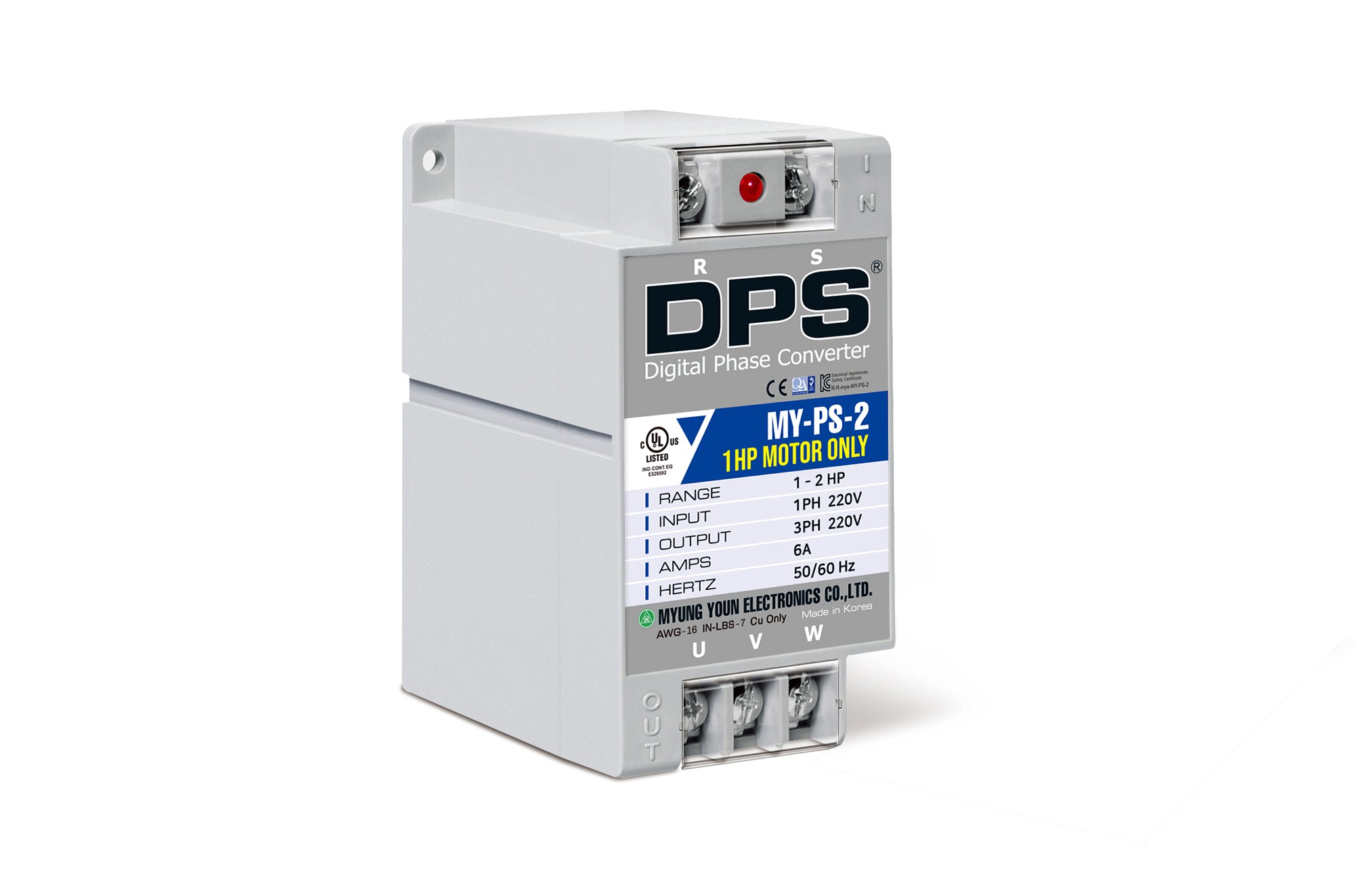 DPS Single Phase to 3 Phase Converter, 2HP(6A), 200V-240V Input/Output, Digital Phase Shifter, MY-PS-2 Model Must Be Used for 1HP(0.75kW) 3A Motor, DPS Must Be Used for 1 Motor Only, UL-Listed