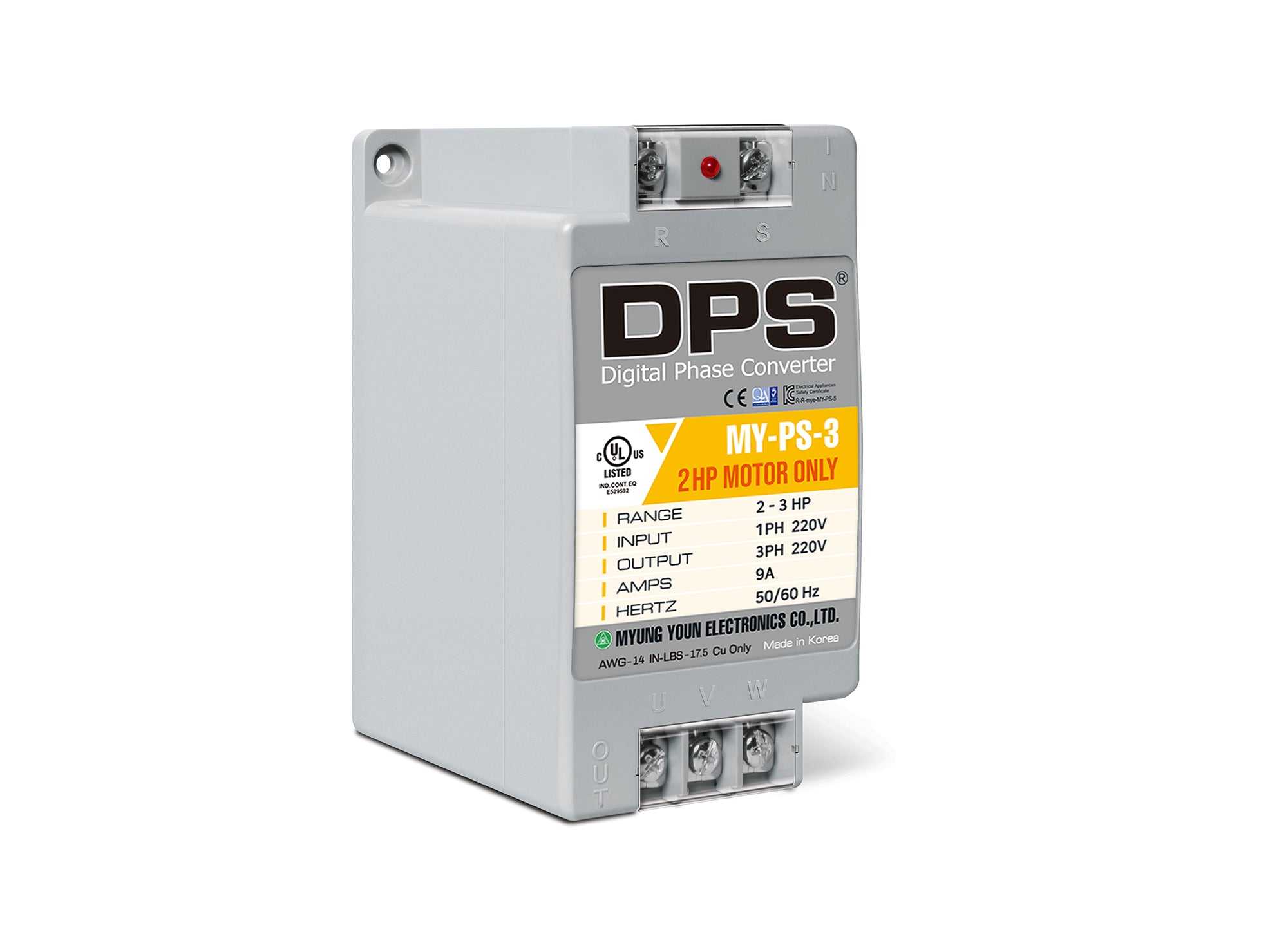 DPS Single Phase to 3 Phase Converter, 3HP(9A), 200V-240V Input/Output, Digital Phase Shifter, MY-PS-3 Model Must Be Used for 2HP(1.5kW) 6A Motor, DPS Must Be Used for 1 Motor Only, UL-Listed
