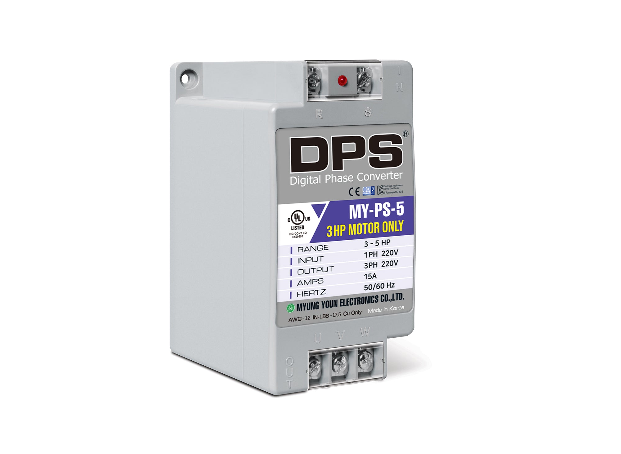 DPS Single Phase to 3 Phase Converter, 5HP(15A), 200V-240V Input/Output, Digital Phase Shifter, MY-PS-5 Model Must Be Used for 3HP(2.2kW) 9A Motor, DPS Must Be Used for 1 Motor Only, UL-Listed