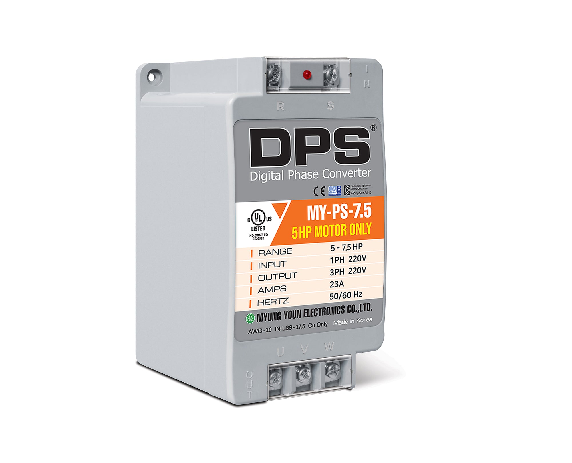 DPS Single Phase to 3 Phase Converter, 7.5HP(23A), 200V-240V Input/Output, Digital Phase Shifter, MY-PS-7.5 Model Must Be Used for 5HP(3.7kW) 15A Motor, DPS Must Be Used for 1 Motor Only, UL-Listed