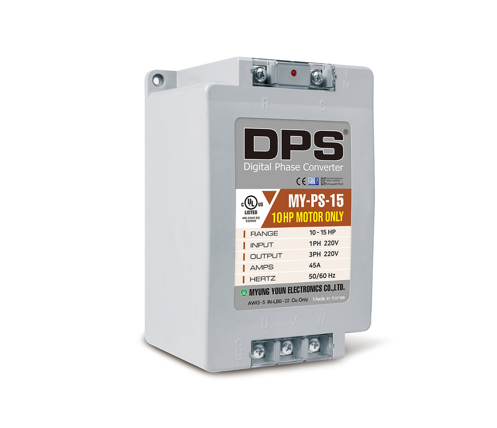 DPS Single Phase to 3 Phase Converter, 15HP(45A), 200V-240V Input/Output, Digital Phase Shifter, MY-PS-15 Model Must Be Used for 10HP(7.5kW) 30A Motor, DPS Must Be Used for 1 Motor Only, UL-Listed