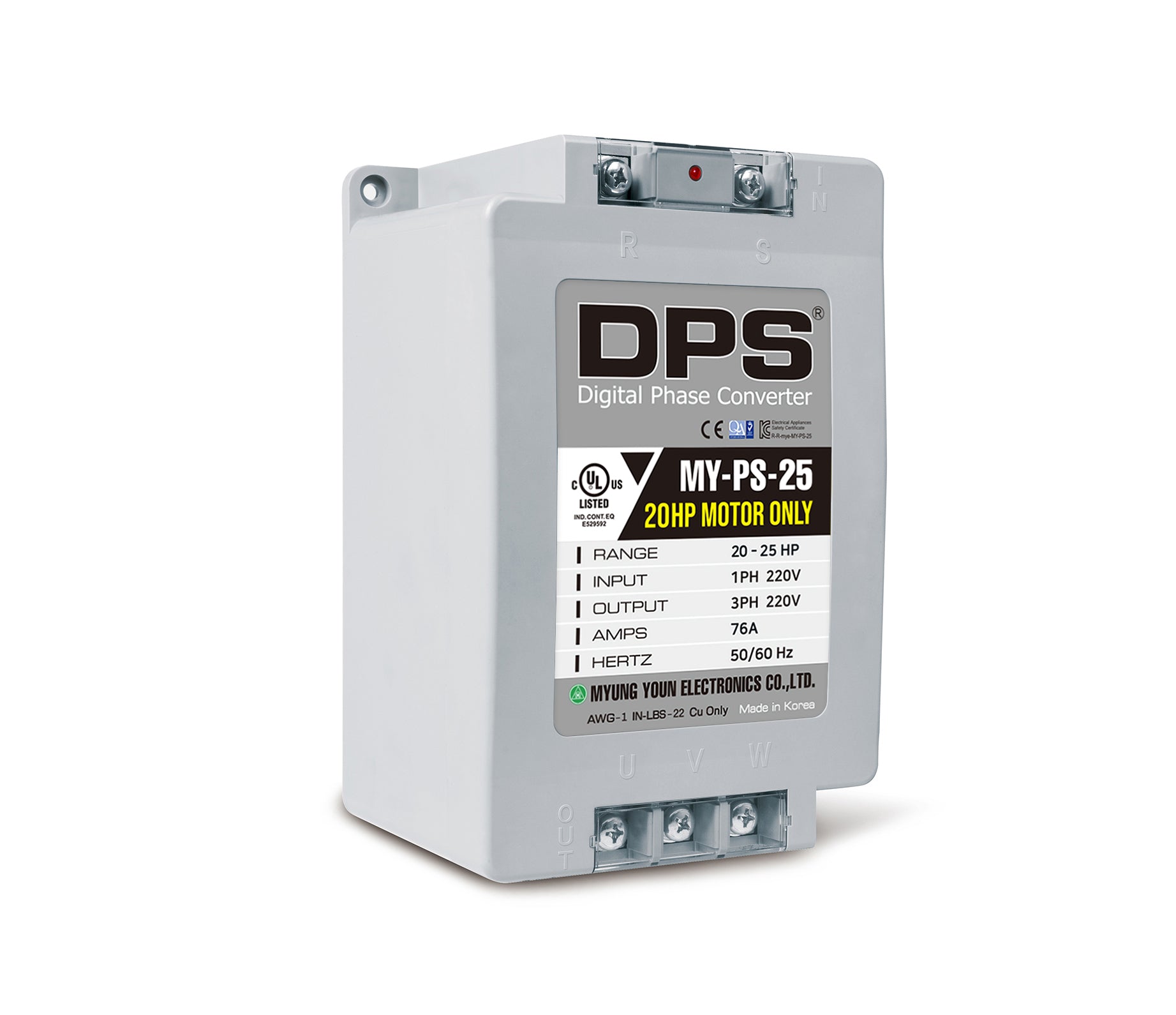 DPS Single Phase to 3 Phase Converter, 25HP(75A), 200V-240V Input/Output, Digital Phase Shifter, MY-PS-25 Model Must Be Used for 20HP(15kW) 60A Motor, DPS Must Be Used for 1 Motor Only, UL-Listed