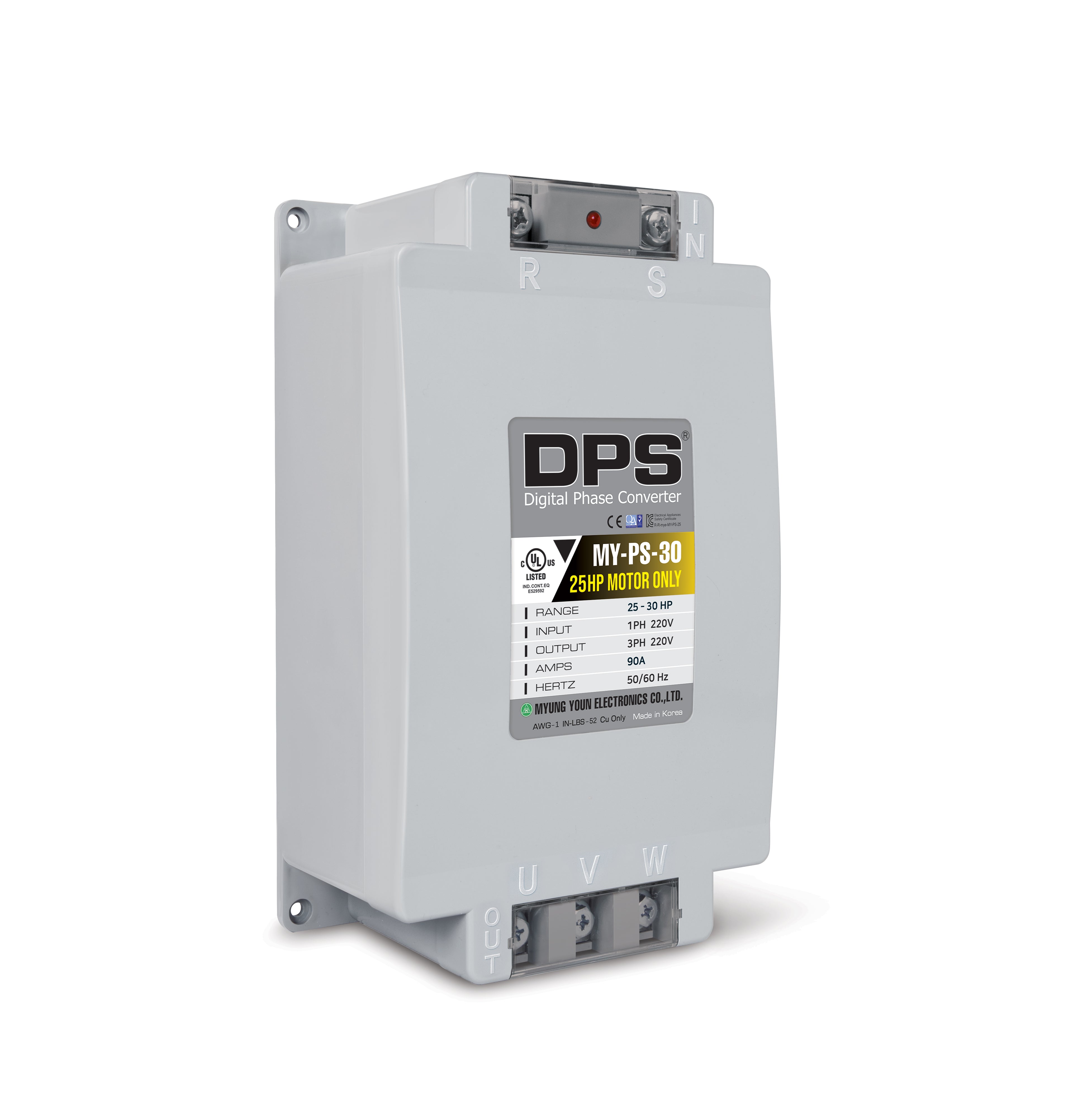 DPS Single Phase to 3 Phase Converter, 30HP(90A), 200V-240V Input/Output, Digital Phase Shifter, MY-PS-30 Model Must Be Used for 25HP(18.7kW) 75A Motor, DPS Must Be Used for 1 Motor Only, UL-Listed
