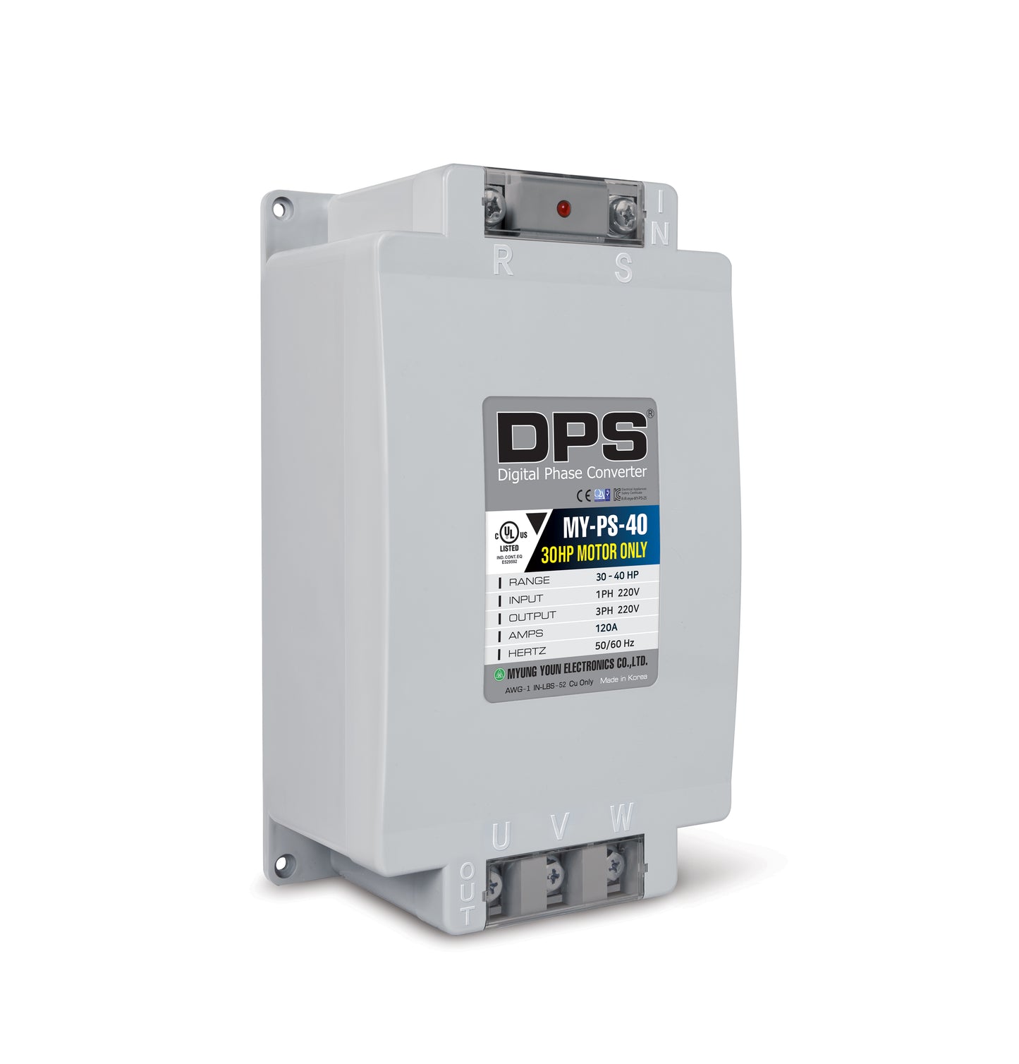 DPS Used for 30HP(22.5kW) 90A Motor, Single to 3 Phase Converter, MY-PS-40, 1 DPS Must Be Used for 1 Motor Only, Input/Output 200-240V, UL Listed