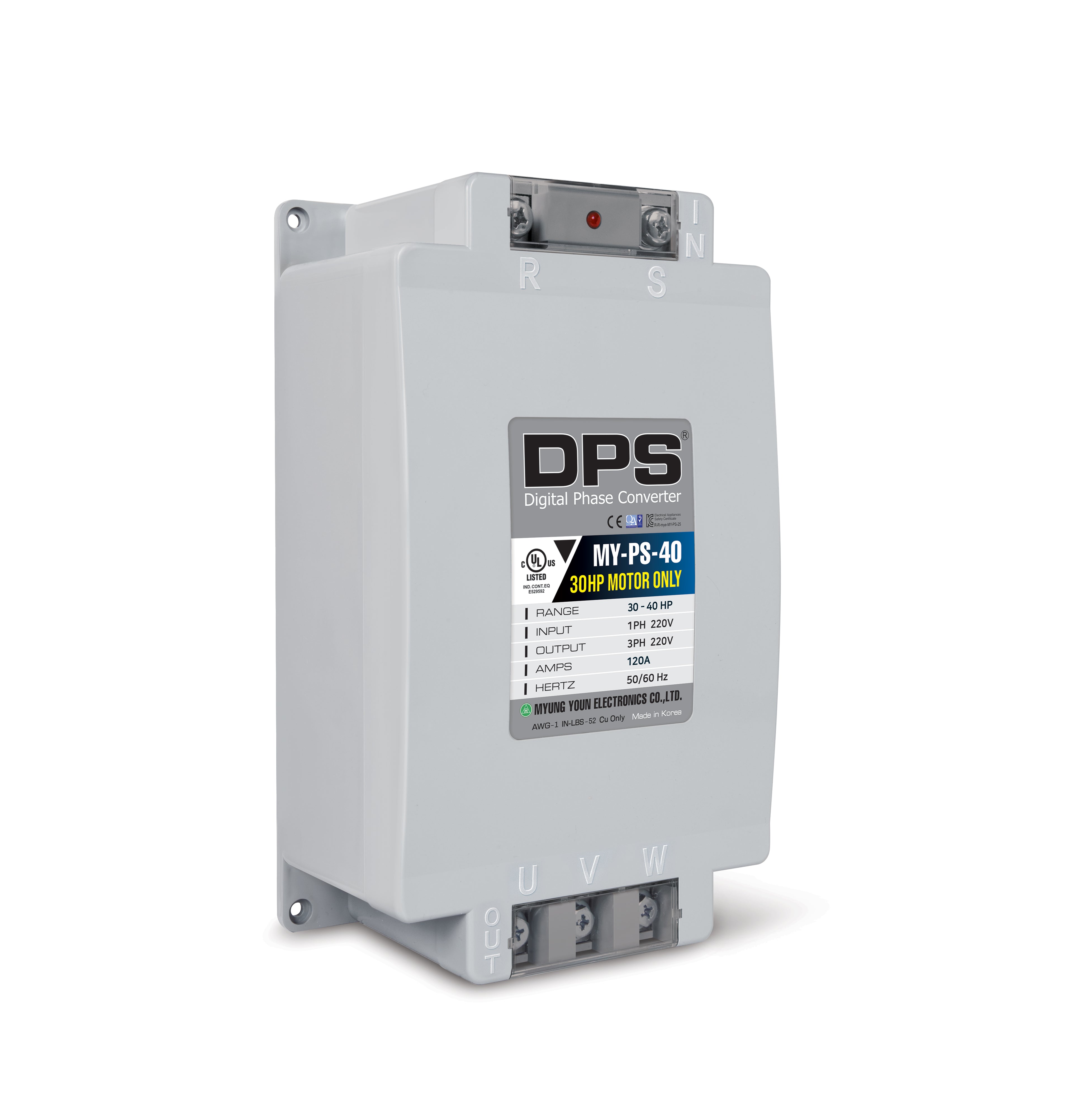 DPS Single Phase to 3 Phase Converter, 40HP(120A), 200V-240V Input/Output, Digital Phase Shifter, MY-PS-40 Model Must Be Used for 30HP(22.5kW) 90A Motor, DPS Must Be Used for 1 Motor Only, UL-Listed