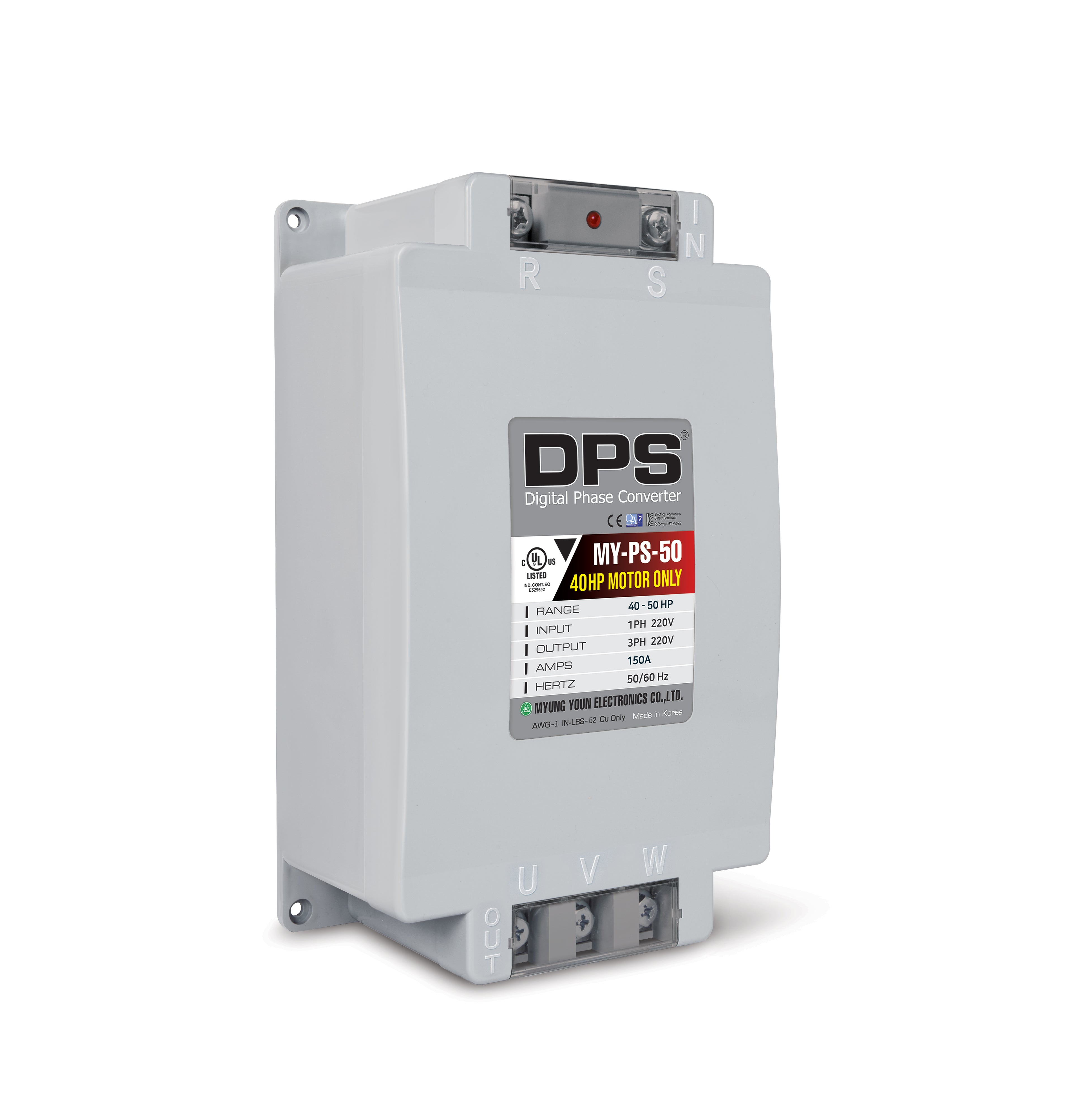 DPS Single Phase to 3 Phase Converter, 50HP(150A), 200V-240V Input/Output, Digital Phase Shifter, MY-PS-50 Model Must Be Used for 40HP(30kW) 120A Motor, DPS Must Be Used for 1 Motor Only, UL-Listed