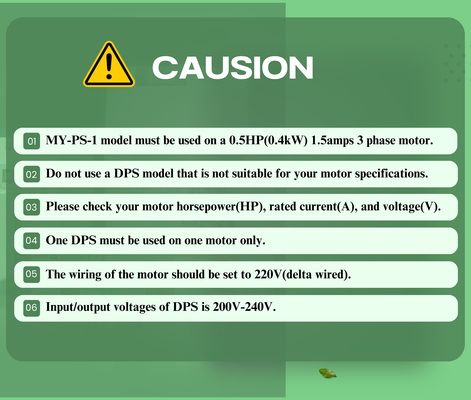 DPS Single Phase to 3 Phase Converter, 1HP(3A), 200V-240V Input/Output, Digital Phase Shifter, MY-PS-1 Model Must Be Used for 0.5HP(0.4kW) 1.5A Motor, DPS Must Be Used for 1 Motor Only, UL-Listed