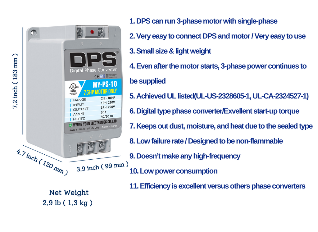 DPS Single Phase to 3 Phase Converter, 10HP(30A), 200V-240V Input/Output, Digital Phase Shifter, MY-PS-10 Model Must Be Used for 7.5HP(5.5kW) 23A Motor, DPS Must Be Used for 1 Motor Only, UL-Listed