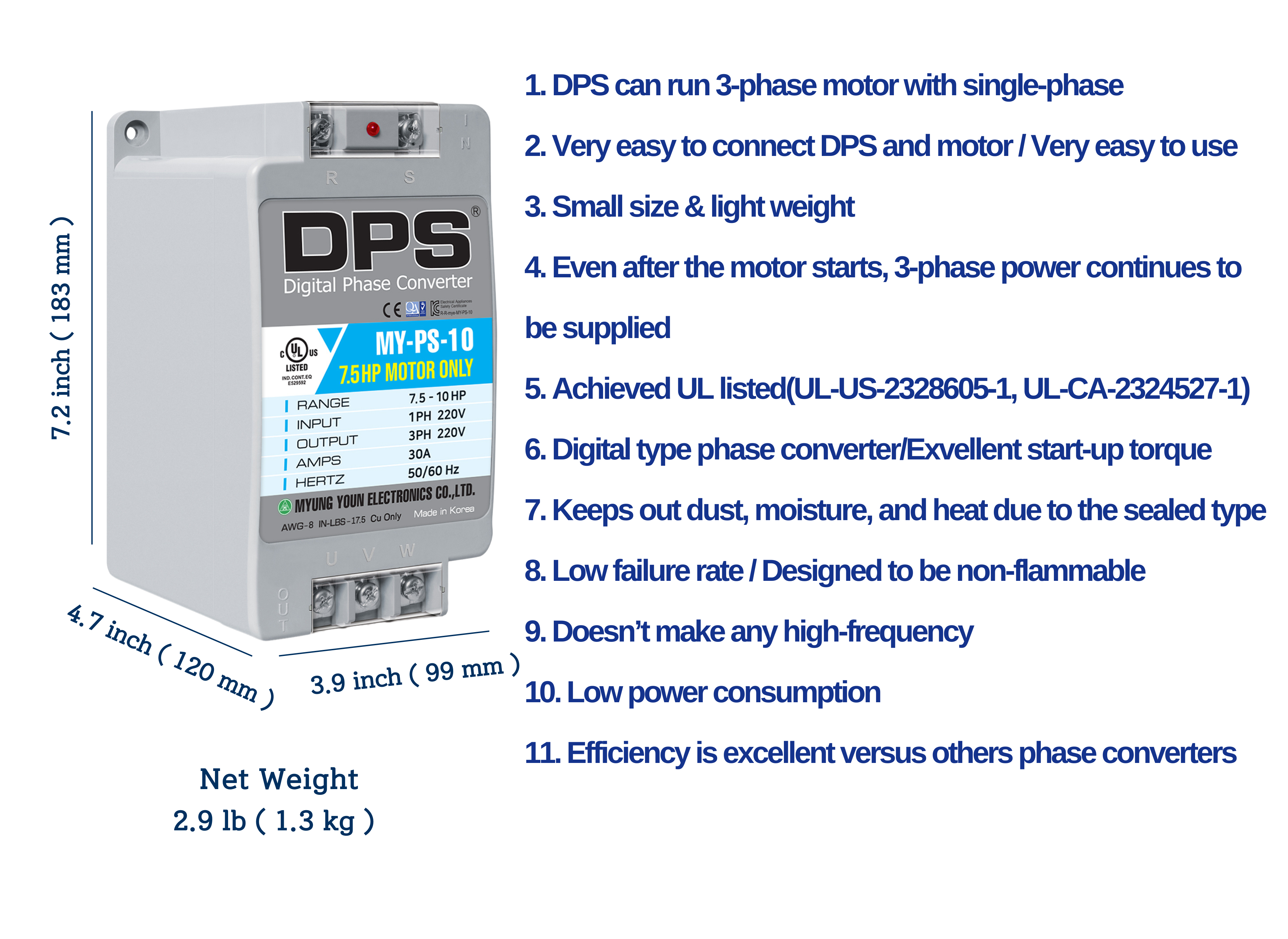DPS Single Phase to 3 Phase Converter, 10HP(30A), 200V-240V Input/Output, Digital Phase Shifter, MY-PS-10 Model Must Be Used for 7.5HP(5.5kW) 23A Motor, DPS Must Be Used for 1 Motor Only, UL-Listed