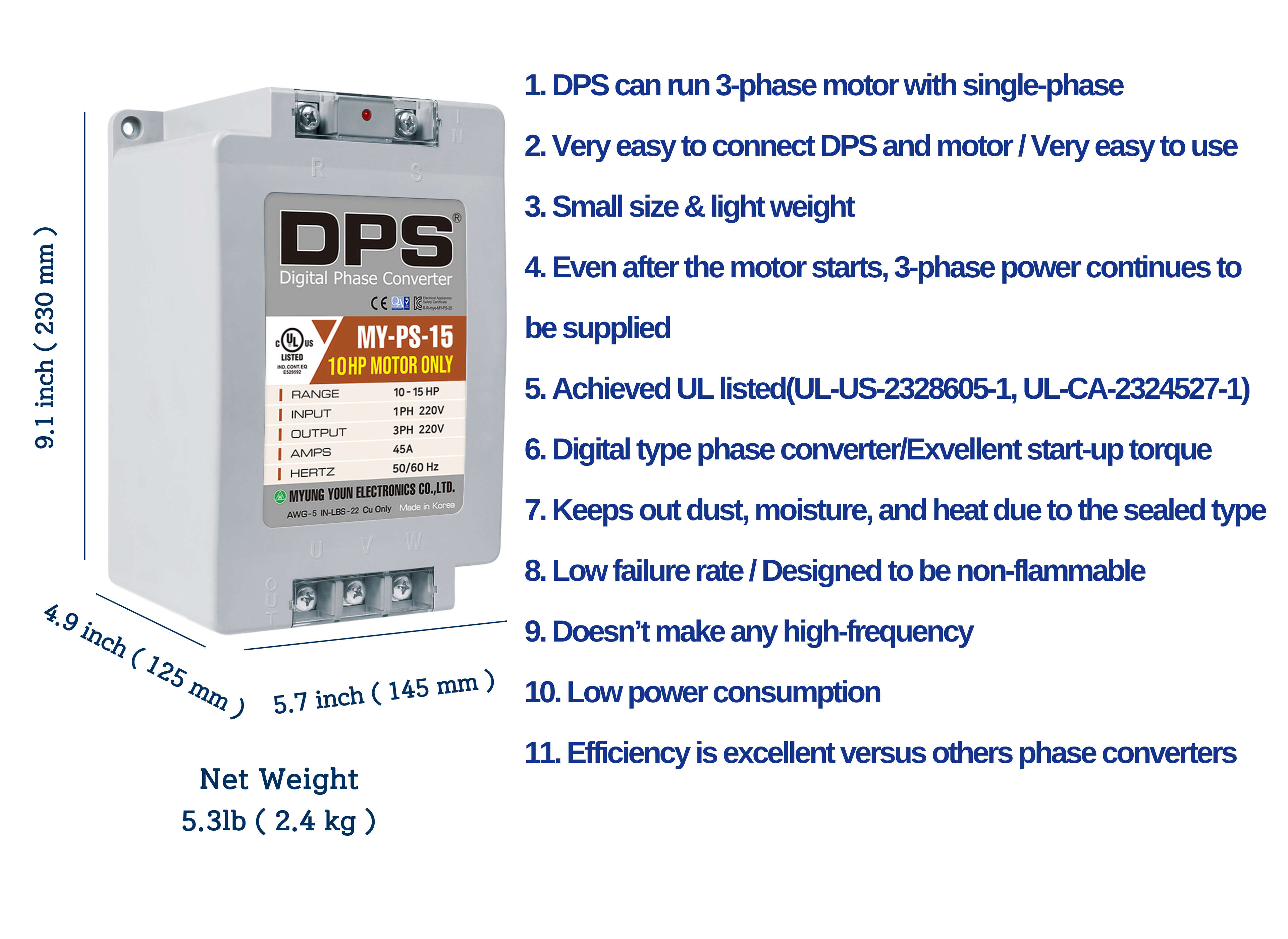 DPS Single Phase to 3 Phase Converter, 15HP(45A), 200V-240V Input/Output, Digital Phase Shifter, MY-PS-15 Model Must Be Used for 10HP(7.5kW) 30A Motor, DPS Must Be Used for 1 Motor Only, UL-Listed