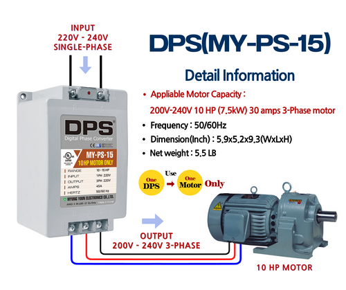 DPS Single Phase to 3 Phase Converter, 15HP(45A), 200V-240V Input/Output, Digital Phase Shifter, MY-PS-15 Model Must Be Used for 10HP(7.5kW) 30A Motor, DPS Must Be Used for 1 Motor Only, UL-Listed
