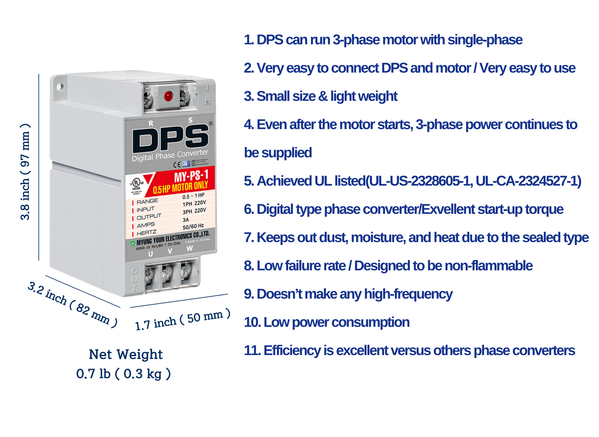 DPS Used for 0.5HP(0.4kW) 1.5A Motor, Single to 3 Phase Converter, MY-PS-1,  1 DPS Must Be Used for 1 Motor Only, Input/Output 200-240V, UL Listed