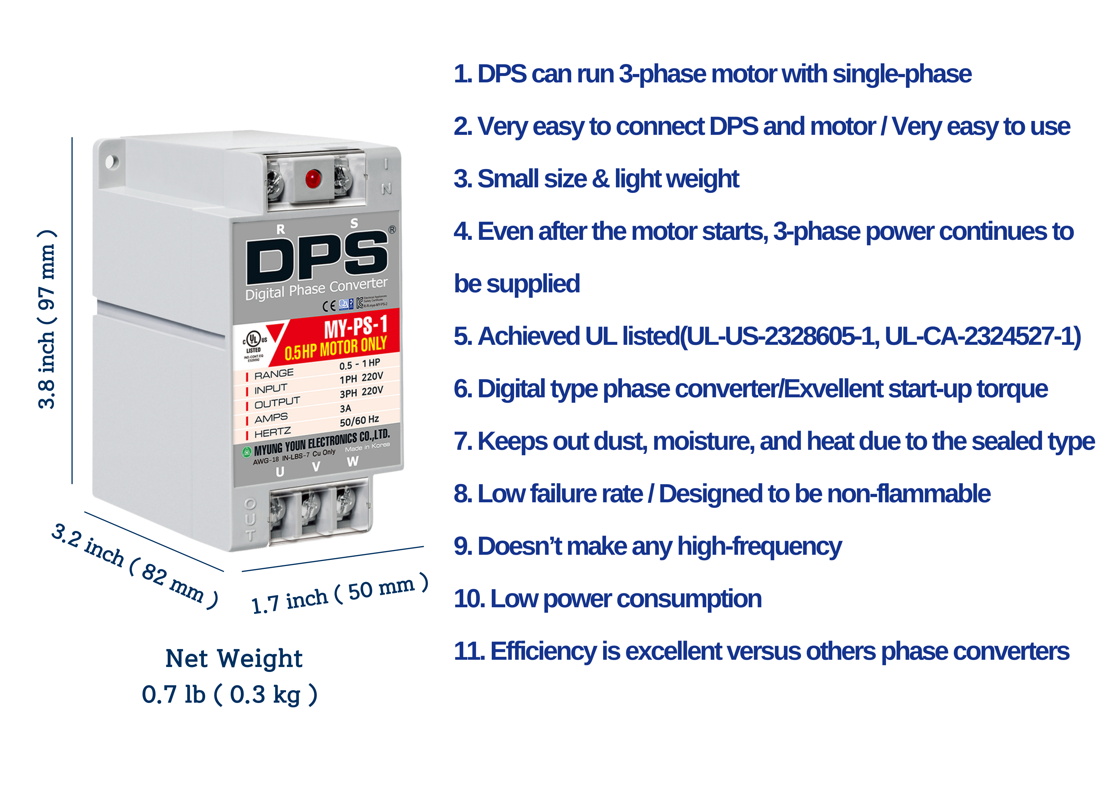 DPS Single Phase to 3 Phase Converter, 1HP(3A), 200V-240V Input/Output, Digital Phase Shifter, MY-PS-1 Model Must Be Used for 0.5HP(0.4kW) 1.5A Motor, DPS Must Be Used for 1 Motor Only, UL-Listed