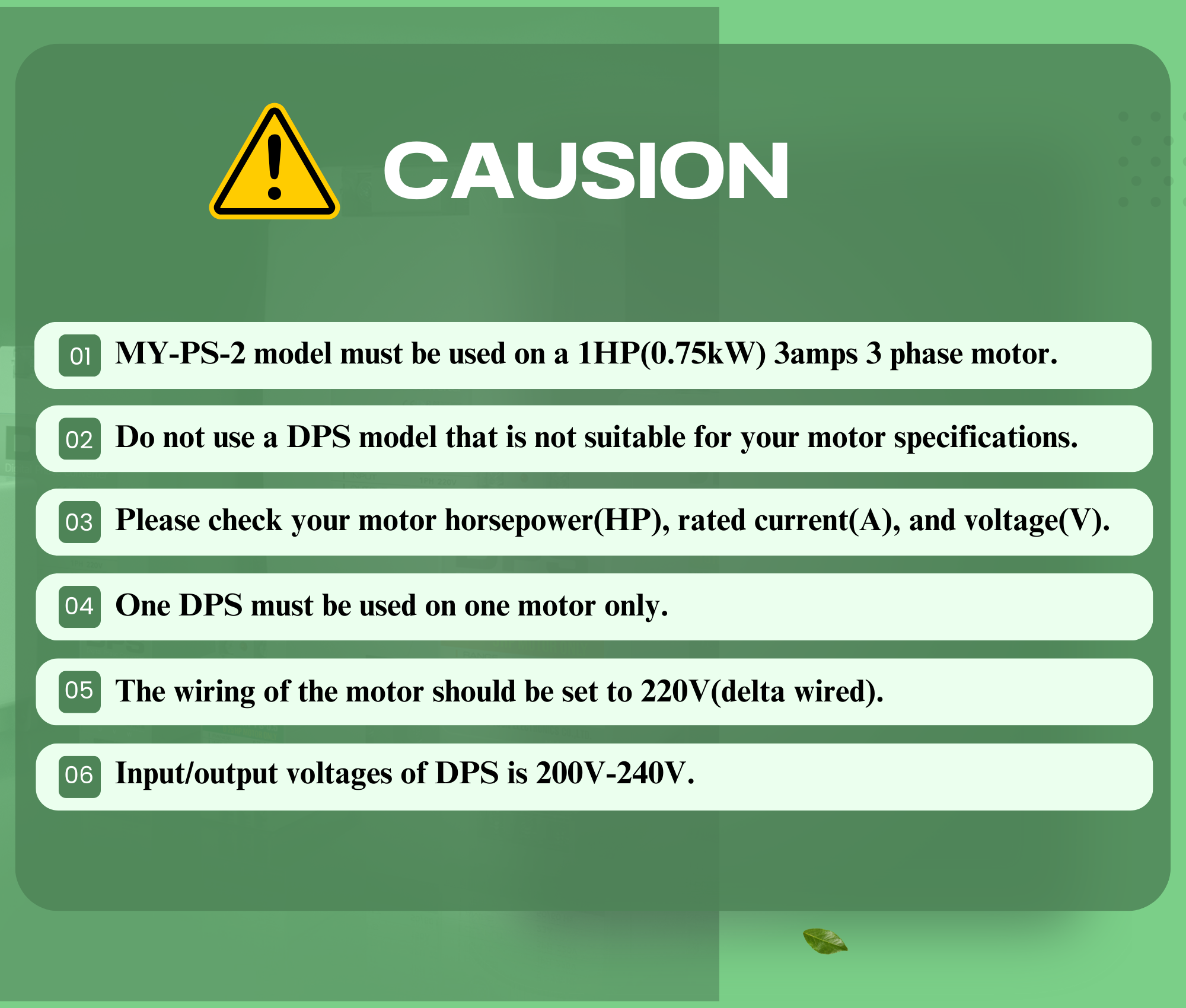 DPS Single Phase to 3 Phase Converter, 2HP(6A), 200V-240V Input/Output, Digital Phase Shifter, MY-PS-2 Model Must Be Used for 1HP(0.75kW) 3A Motor, DPS Must Be Used for 1 Motor Only, UL-Listed