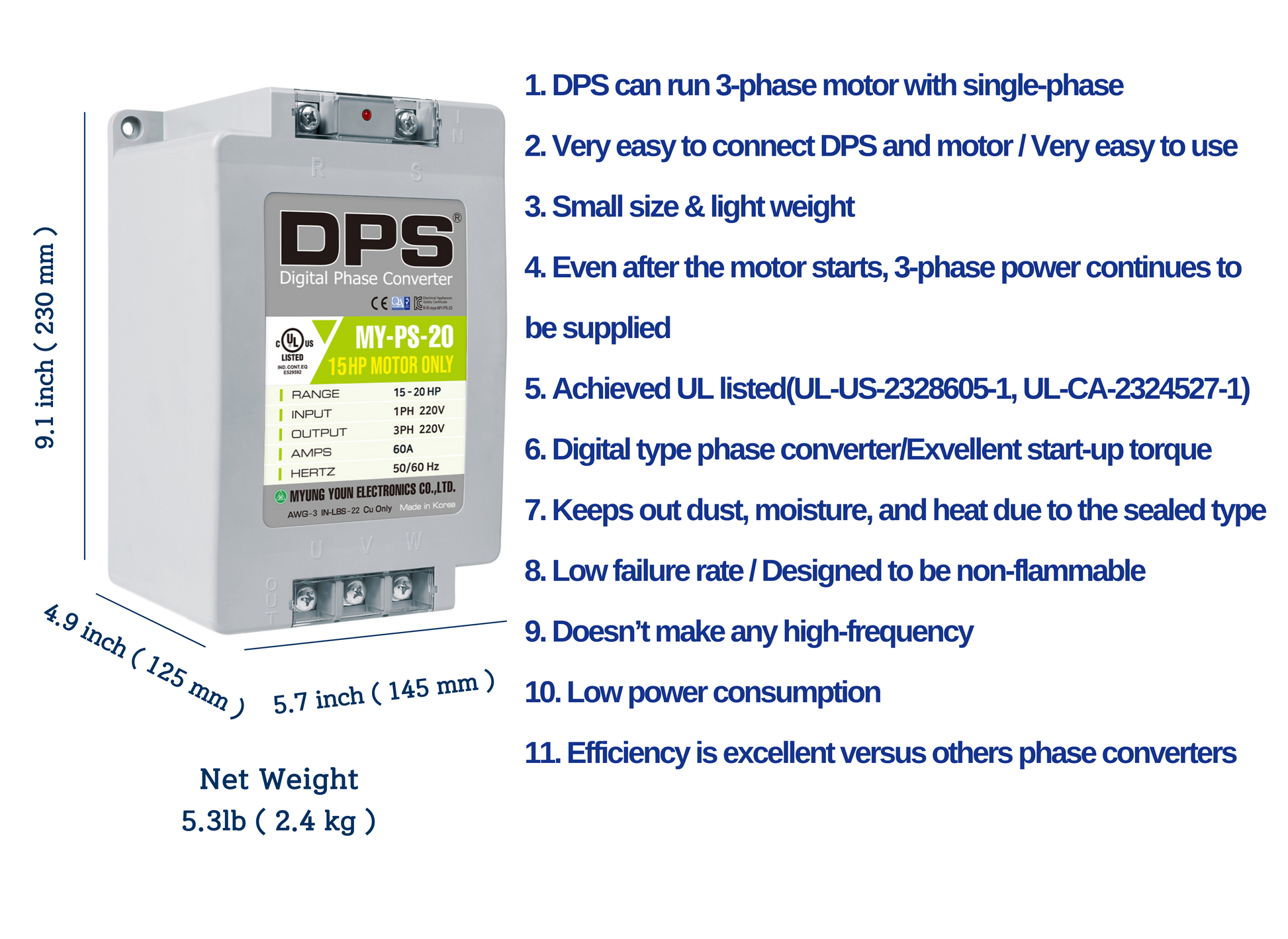 DPS Used for 15HP(11kW) 45A Motor, Single to 3 Phase Converter, MY-PS- – DPS  Store