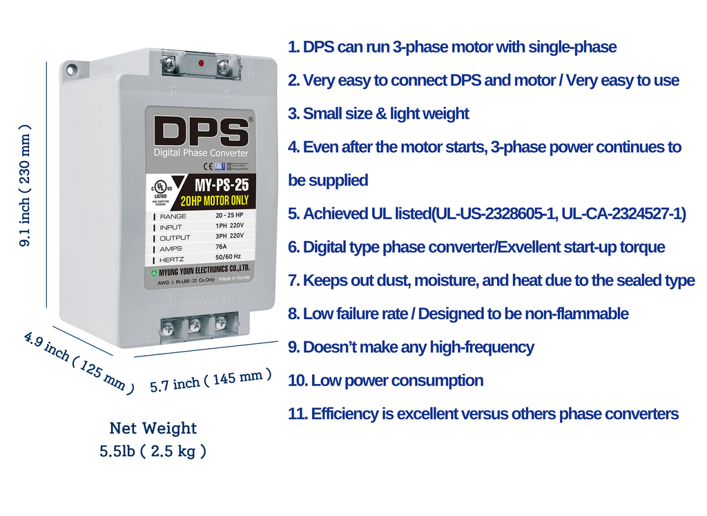 DPS Single Phase to 3 Phase Converter, 25HP(75A), 200V-240V Input/Output, Digital Phase Shifter, MY-PS-25 Model Must Be Used for 20HP(15kW) 60A Motor, DPS Must Be Used for 1 Motor Only, UL-Listed