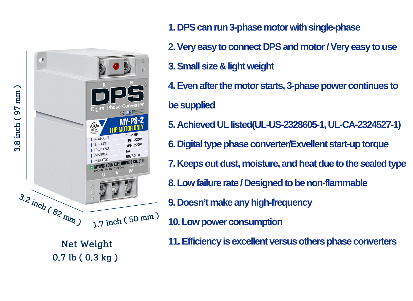 DPS Used for 1HP(0.75kW) 3A Motor, Single to 3 Phase Converter, MY-PS-2, 1 DPS Must Be Used for 1 Motor Only, Input/Output 200-240V, UL Listed