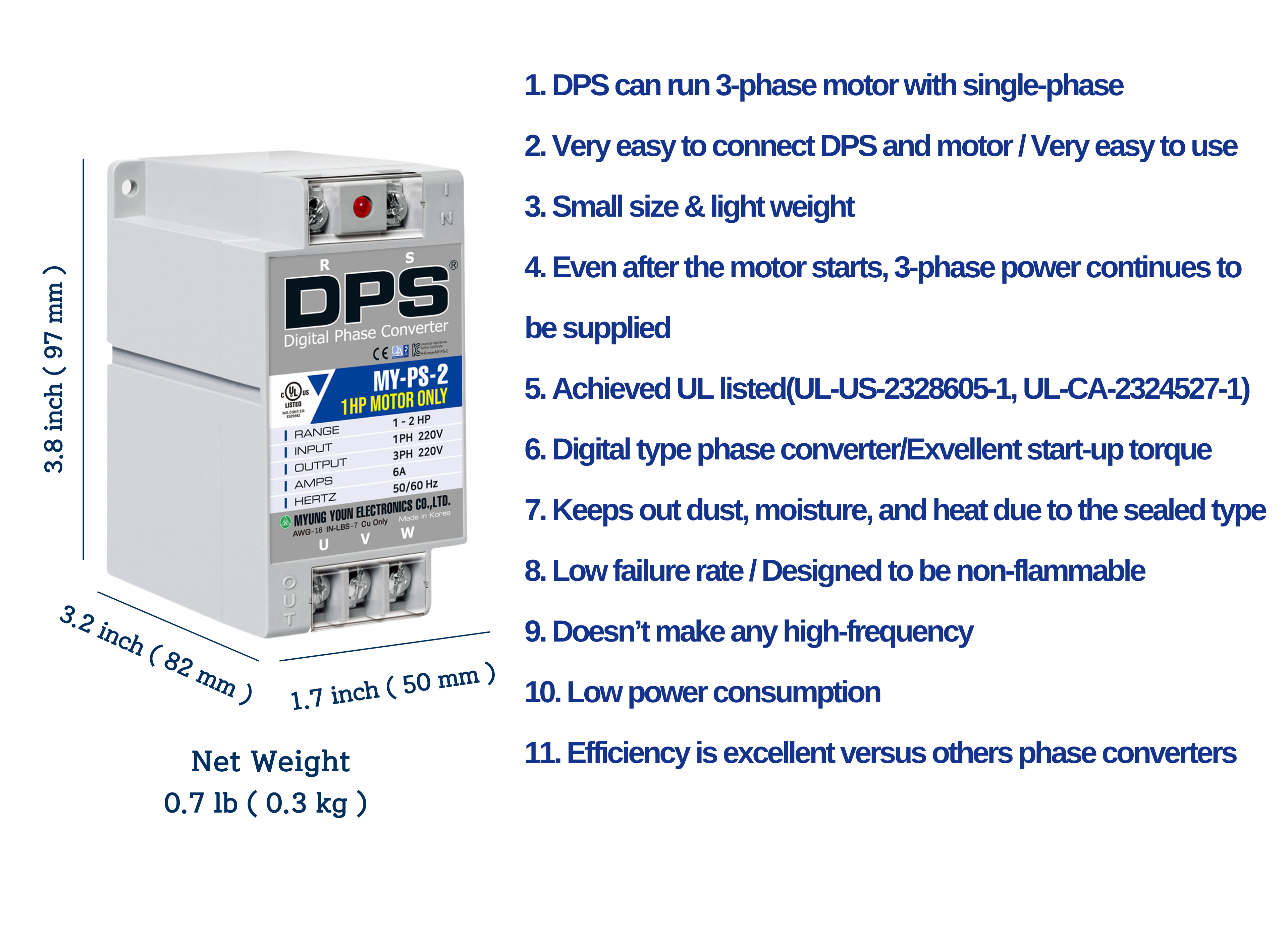 DPS Single Phase to 3 Phase Converter, 2HP(6A), 200V-240V Input/Output, Digital Phase Shifter, MY-PS-2 Model Must Be Used for 1HP(0.75kW) 3A Motor, DPS Must Be Used for 1 Motor Only, UL-Listed
