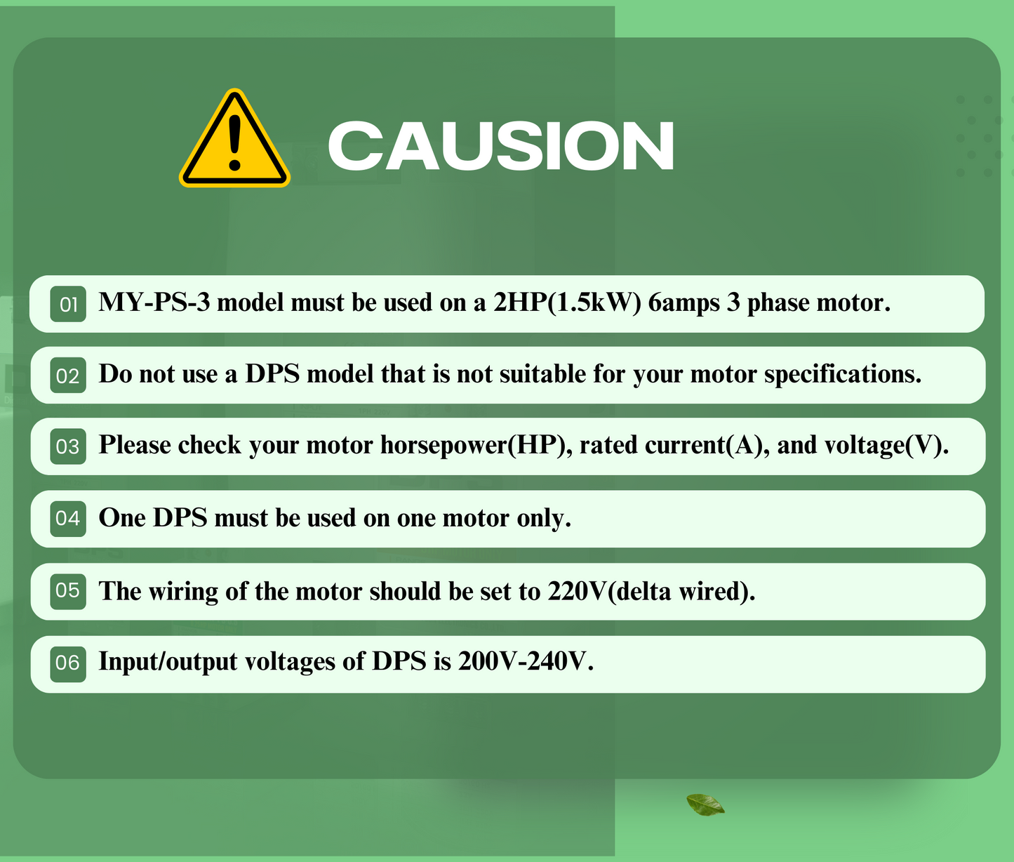 DPS Used for 2HP(1.5kW) 6A Motor, Single to 3 Phase Converter, MY-PS-3, 1 DPS Must Be Used for 1 Motor Only, Input/Output 200-240V, UL Listed