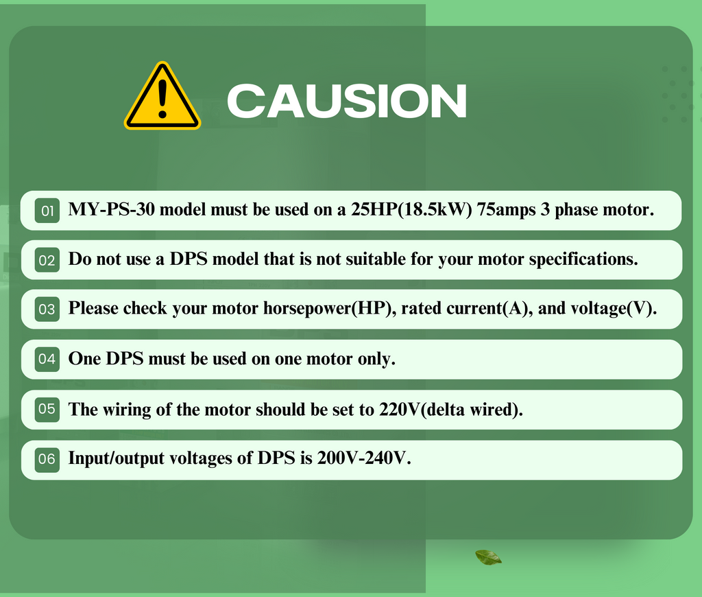 DPS Single Phase to 3 Phase Converter, 30HP(90A), 200V-240V Input/Output, Digital Phase Shifter, MY-PS-30 Model Must Be Used for 25HP(18.7kW) 75A Motor, DPS Must Be Used for 1 Motor Only, UL-Listed