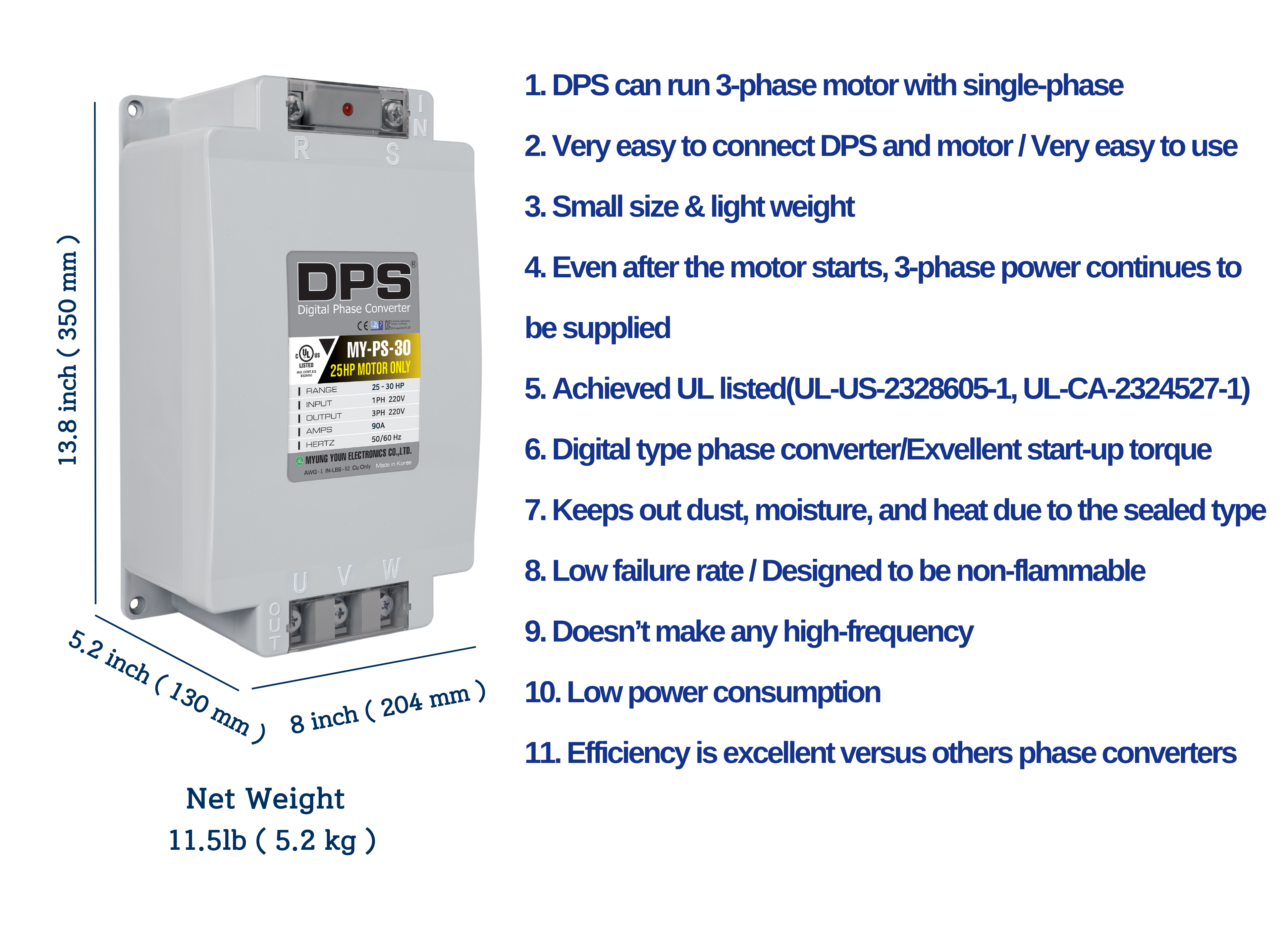 DPS Single Phase to 3 Phase Converter, 30HP(90A), 200V-240V Input/Output, Digital Phase Shifter, MY-PS-30 Model Must Be Used for 25HP(18.7kW) 75A Motor, DPS Must Be Used for 1 Motor Only, UL-Listed