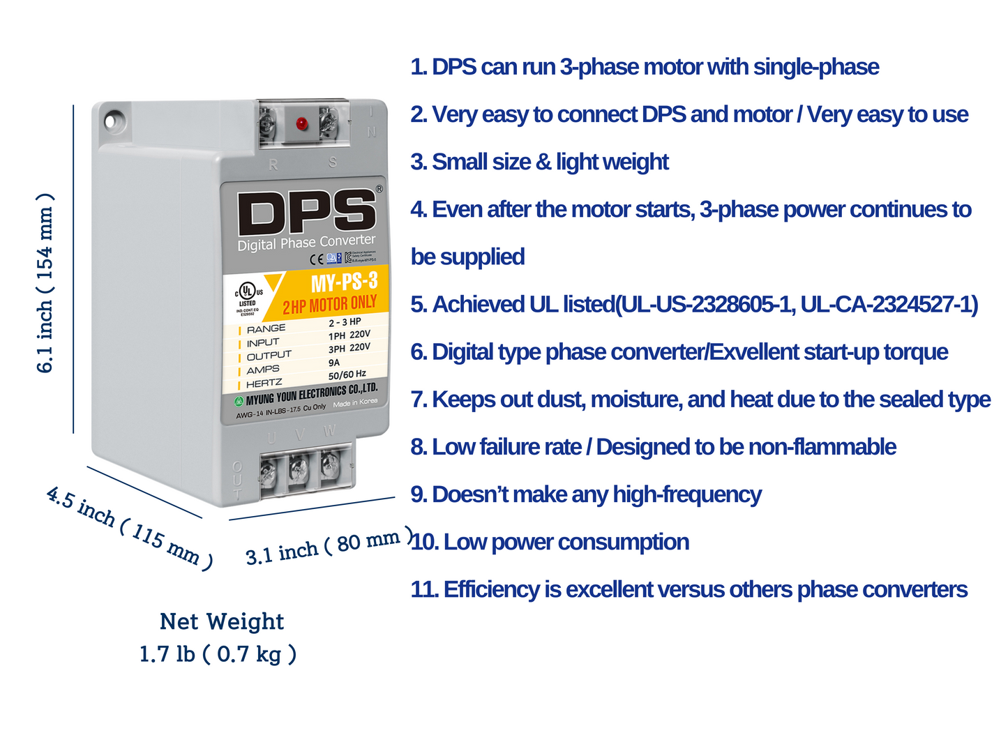 DPS Used for 2HP(1.5kW) 6A Motor, Single to 3 Phase Converter, MY-PS-3, 1 DPS Must Be Used for 1 Motor Only, Input/Output 200-240V, UL Listed