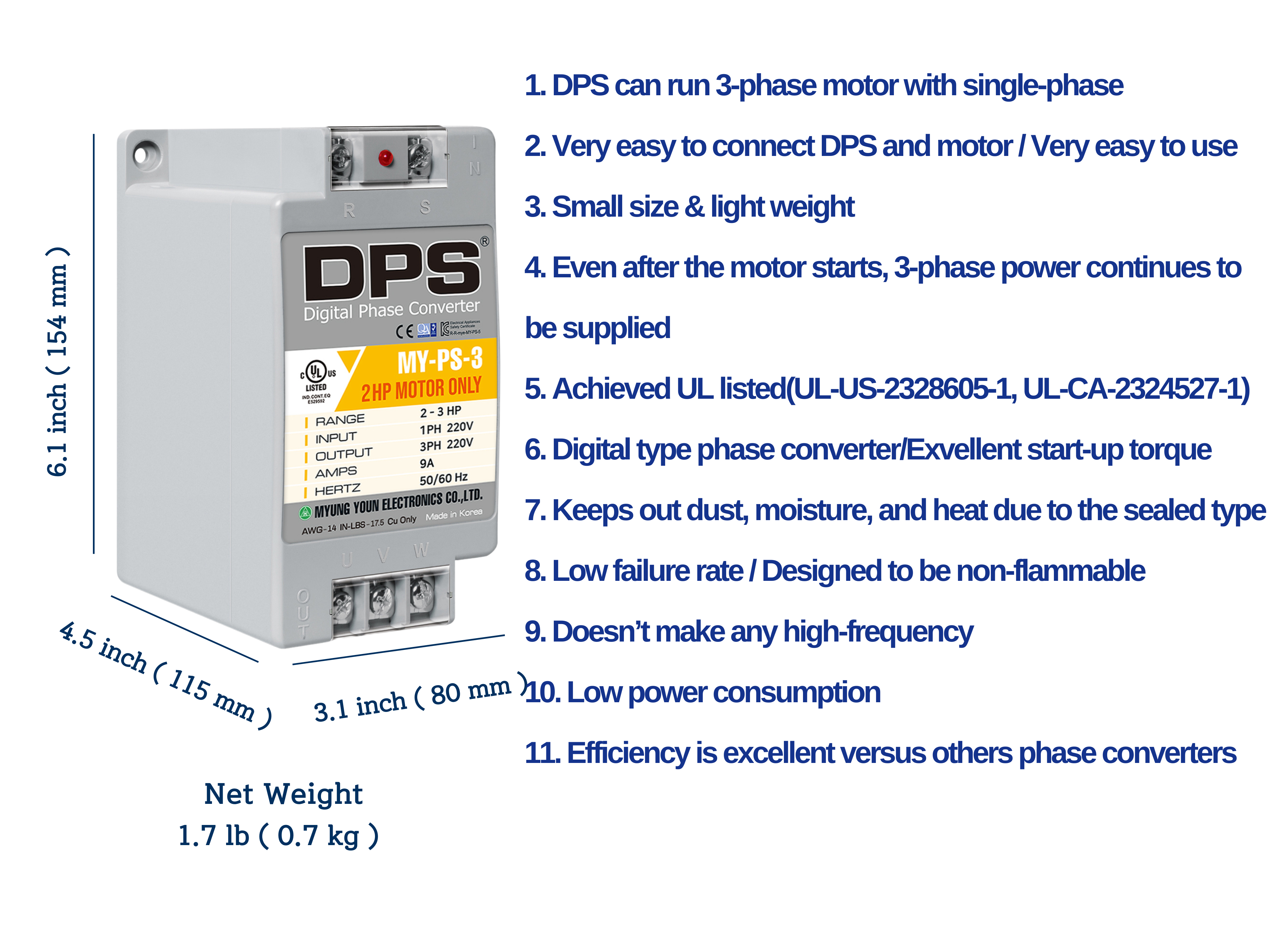 DPS Single Phase to 3 Phase Converter, 3HP(9A), 200V-240V Input/Output, Digital Phase Shifter, MY-PS-3 Model Must Be Used for 2HP(1.5kW) 6A Motor, DPS Must Be Used for 1 Motor Only, UL-Listed