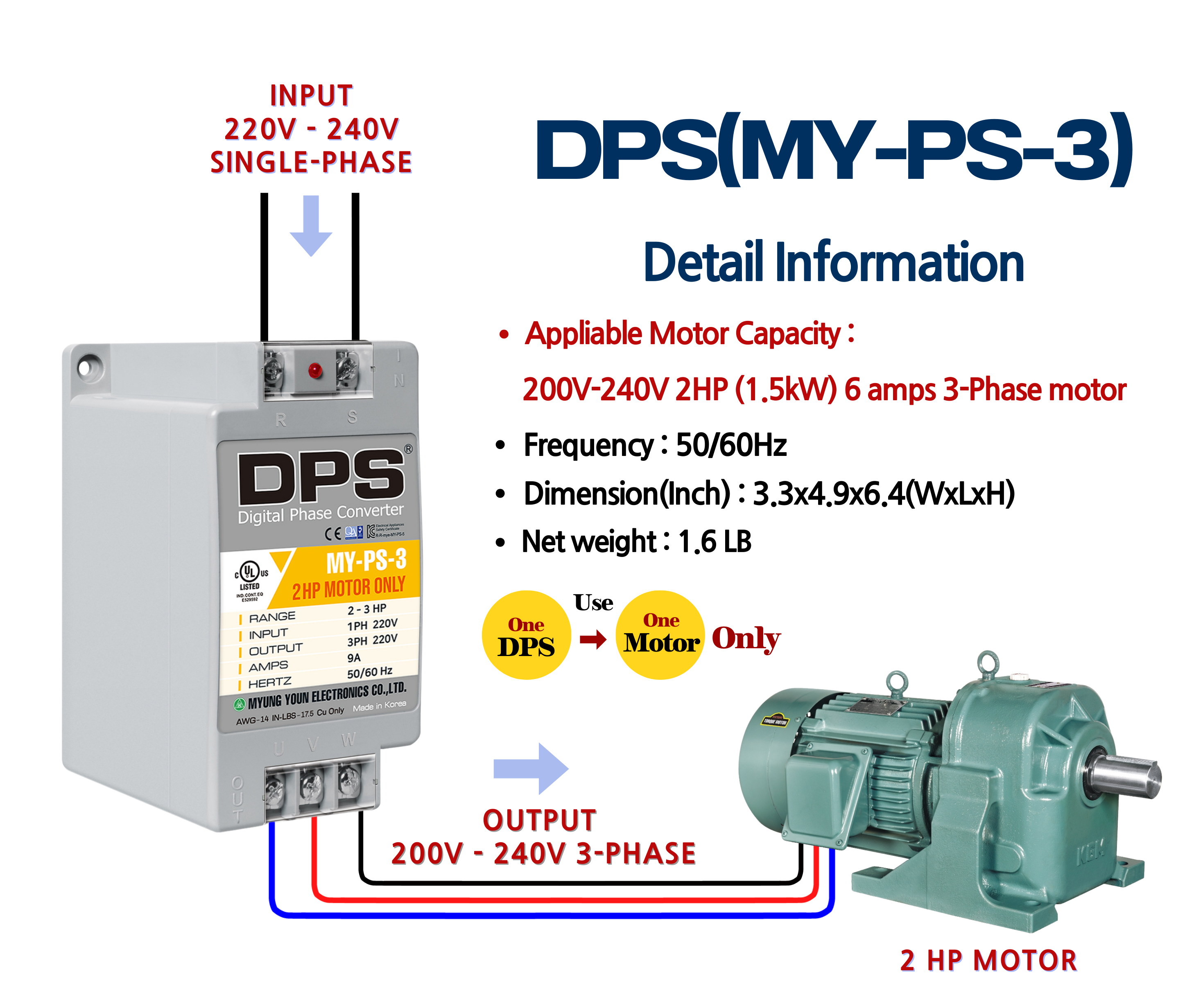 DPS Single Phase to 3 Phase Converter, 3HP(9A), 200V-240V Input/Output, Digital Phase Shifter, MY-PS-3 Model Must Be Used for 2HP(1.5kW) 6A Motor, DPS Must Be Used for 1 Motor Only, UL-Listed