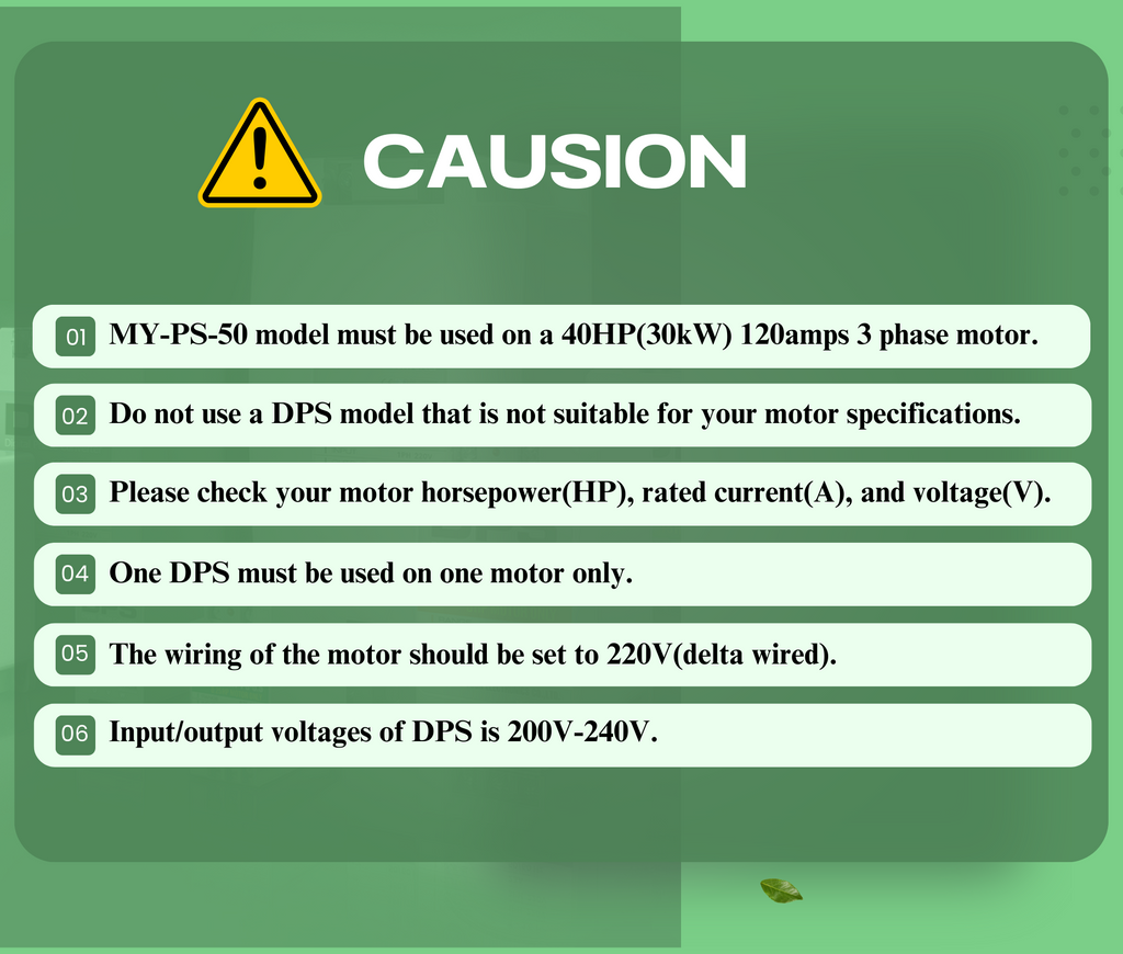 DPS Single Phase to 3 Phase Converter, 50HP(150A), 200V-240V Input/Output, Digital Phase Shifter, MY-PS-50 Model Must Be Used for 40HP(30kW) 120A Motor, DPS Must Be Used for 1 Motor Only, UL-Listed