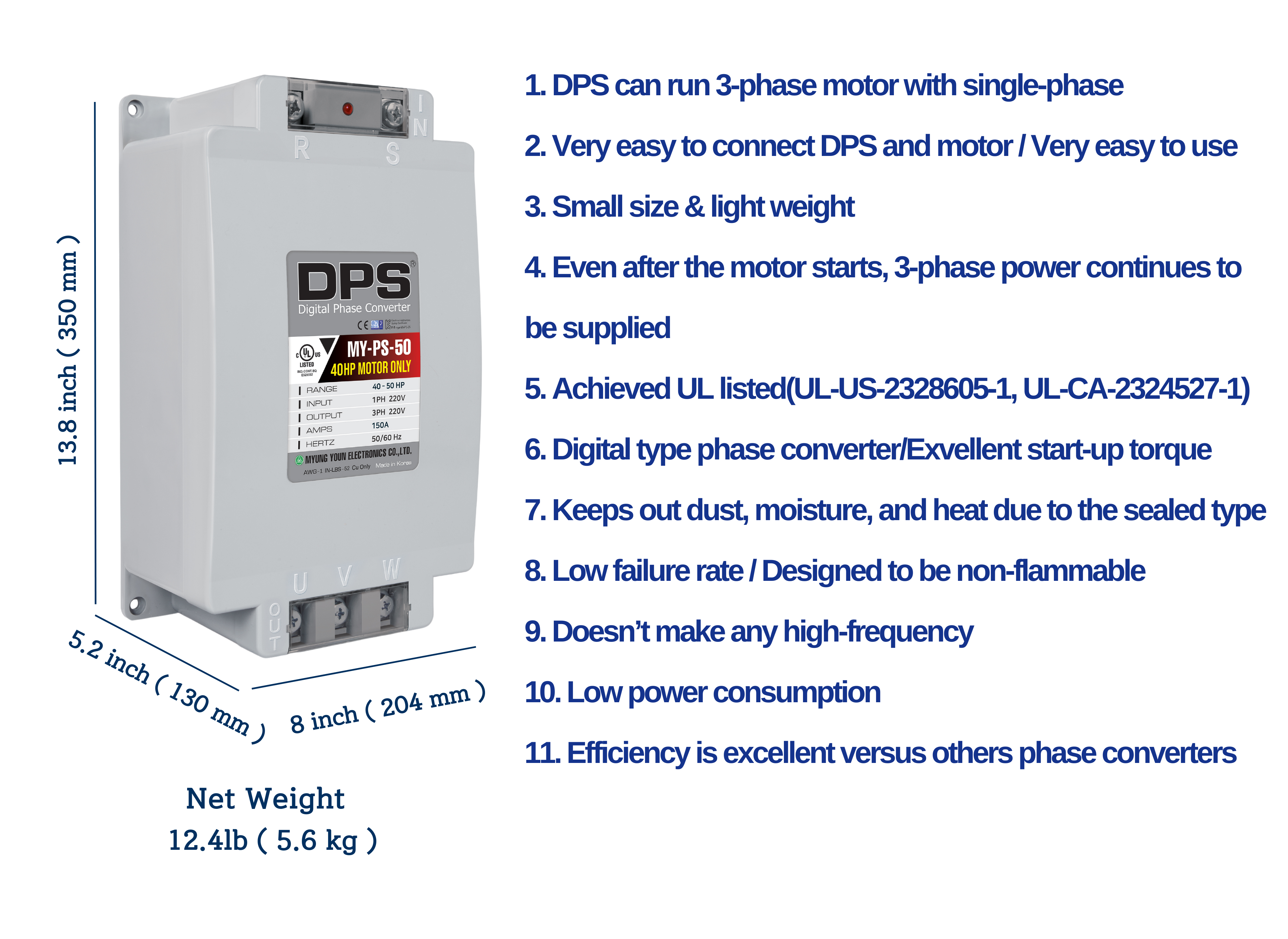 DPS Single Phase to 3 Phase Converter, 50HP(150A), 200V-240V Input/Output, Digital Phase Shifter, MY-PS-50 Model Must Be Used for 40HP(30kW) 120A Motor, DPS Must Be Used for 1 Motor Only, UL-Listed