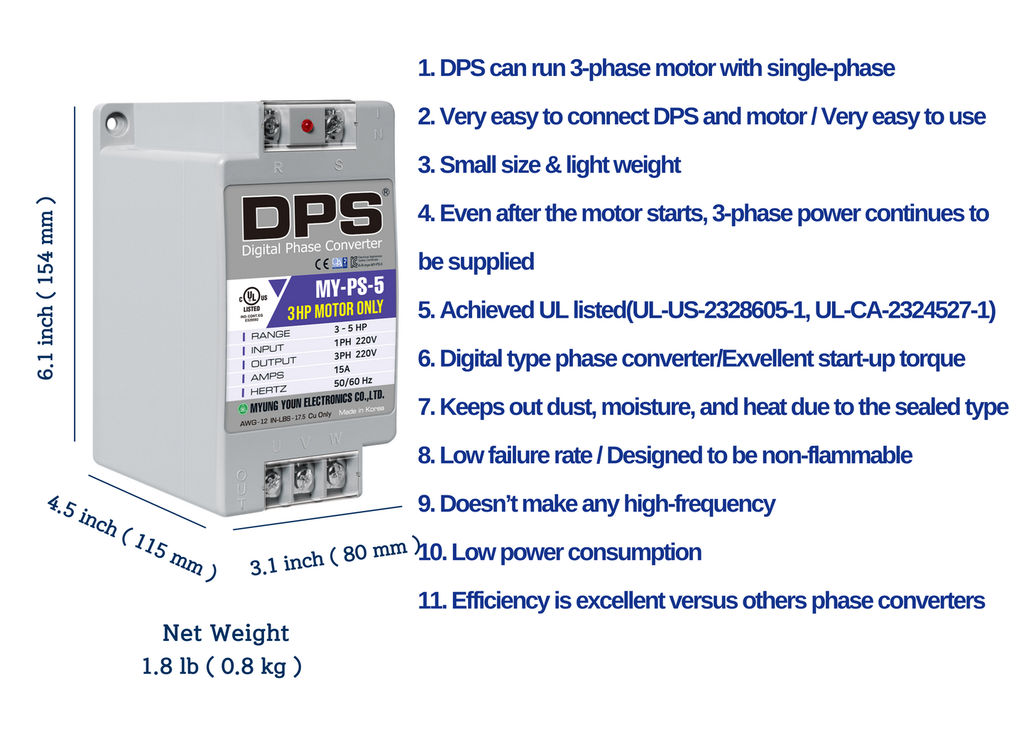 DPS Used for 3HP(2.2kW) 9A Motor, Single to 3 Phase Converter, MY-PS-5 – DPS  Store