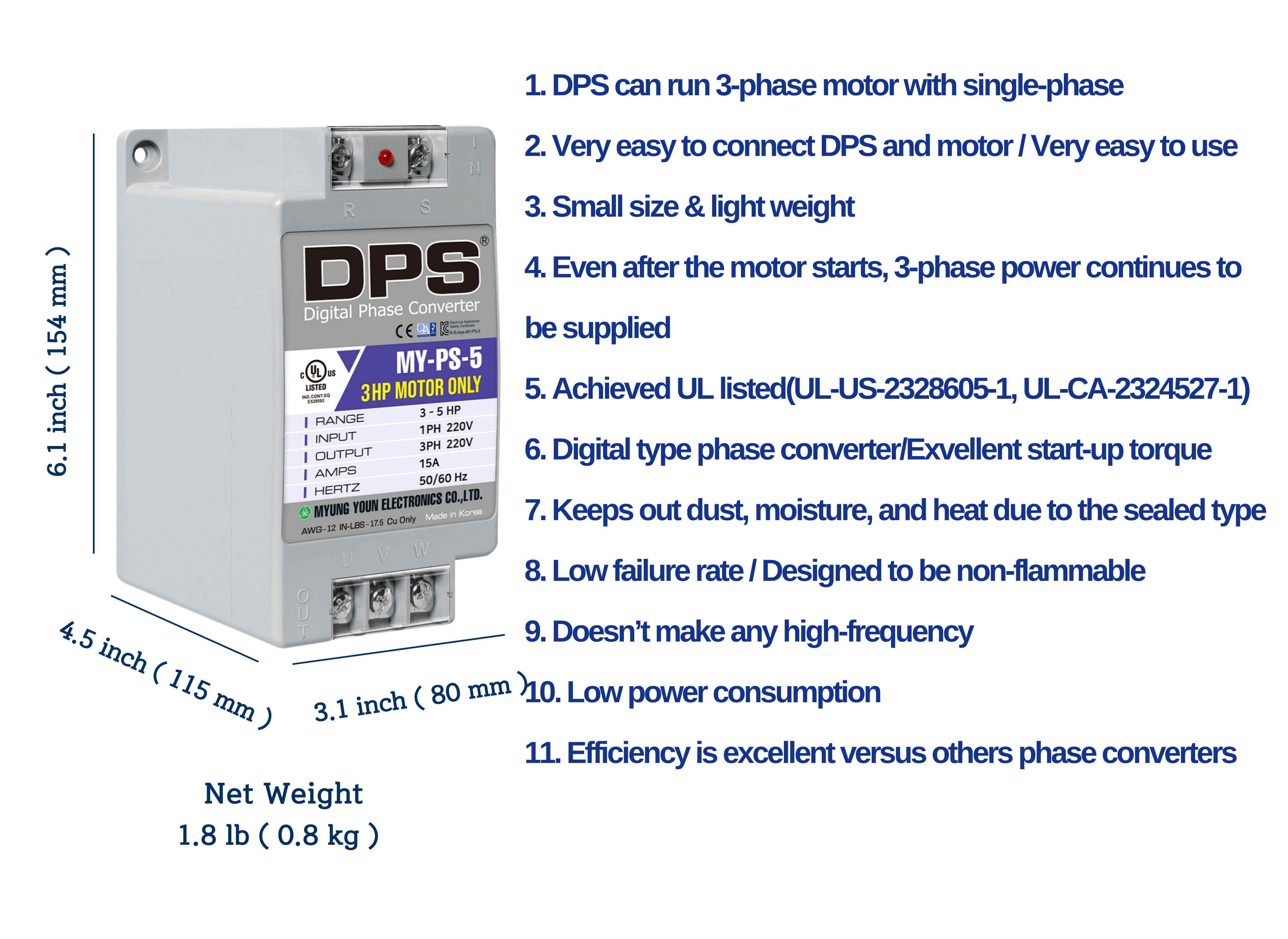 DPS Single Phase to 3 Phase Converter, 5HP(15A), 200V-240V Input/Output, Digital Phase Shifter, MY-PS-5 Model Must Be Used for 3HP(2.2kW) 9A Motor, DPS Must Be Used for 1 Motor Only, UL-Listed