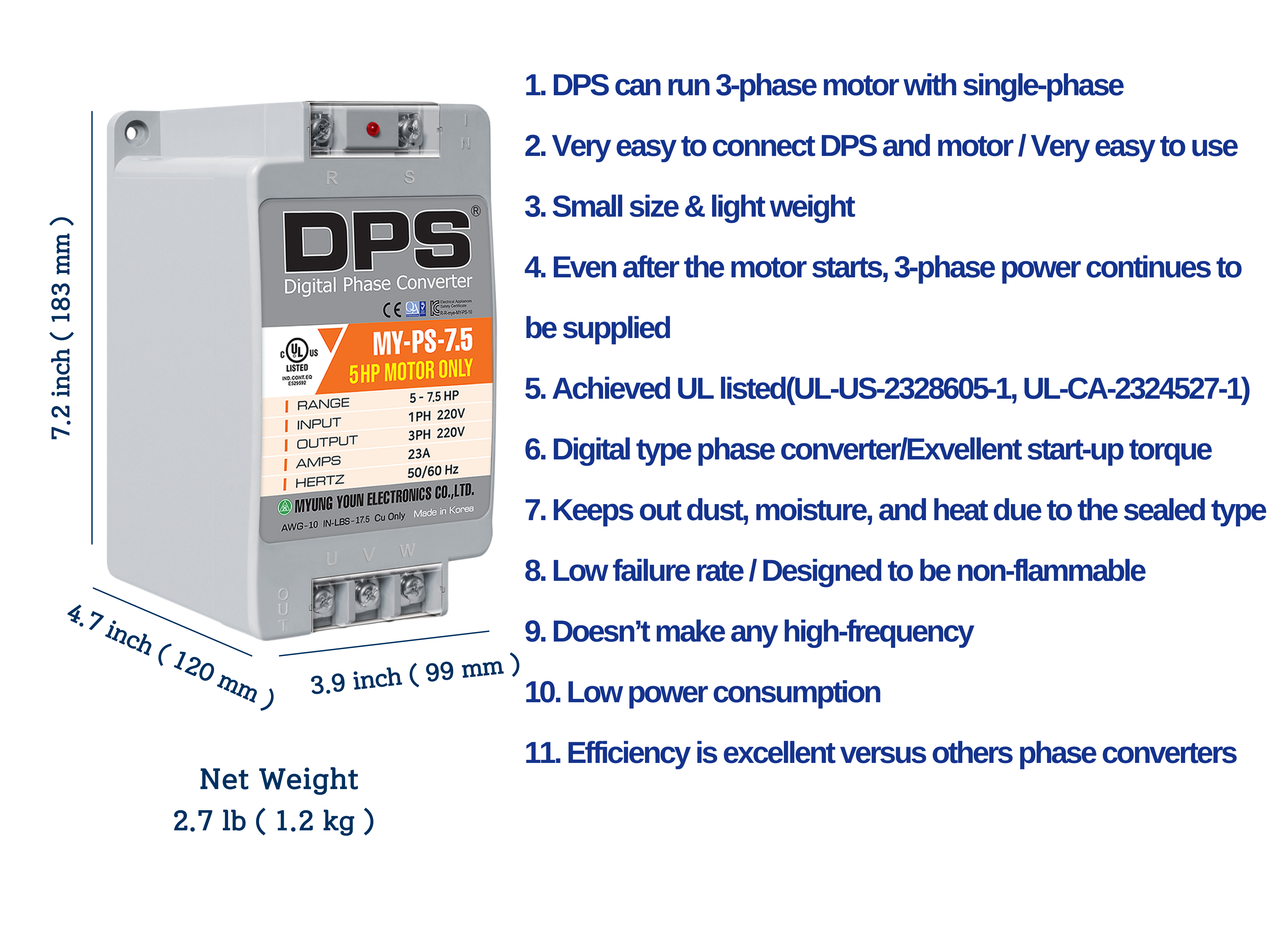 DPS Single Phase to 3 Phase Converter, 7.5HP(23A), 200V-240V Input/Output, Digital Phase Shifter, MY-PS-7.5 Model Must Be Used for 5HP(3.7kW) 15A Motor, DPS Must Be Used for 1 Motor Only, UL-Listed