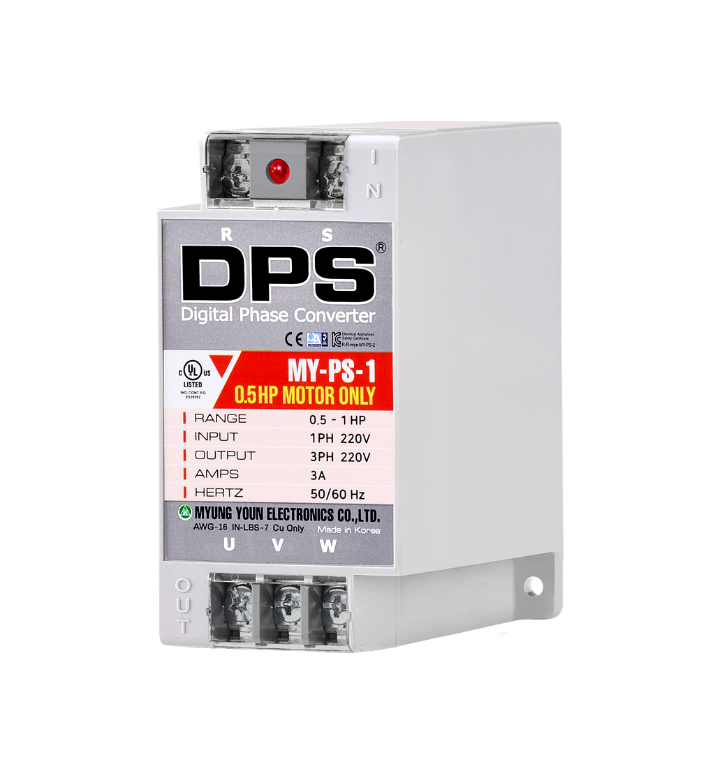 DPS Single Phase to 3 Phase Converter, 1HP(3A), 200V-240V Input/Output, Digital Phase Shifter, MY-PS-1 Model Must Be Used for 0.5HP(0.4kW) 1.5A Motor, DPS Must Be Used for 1 Motor Only, UL-Listed