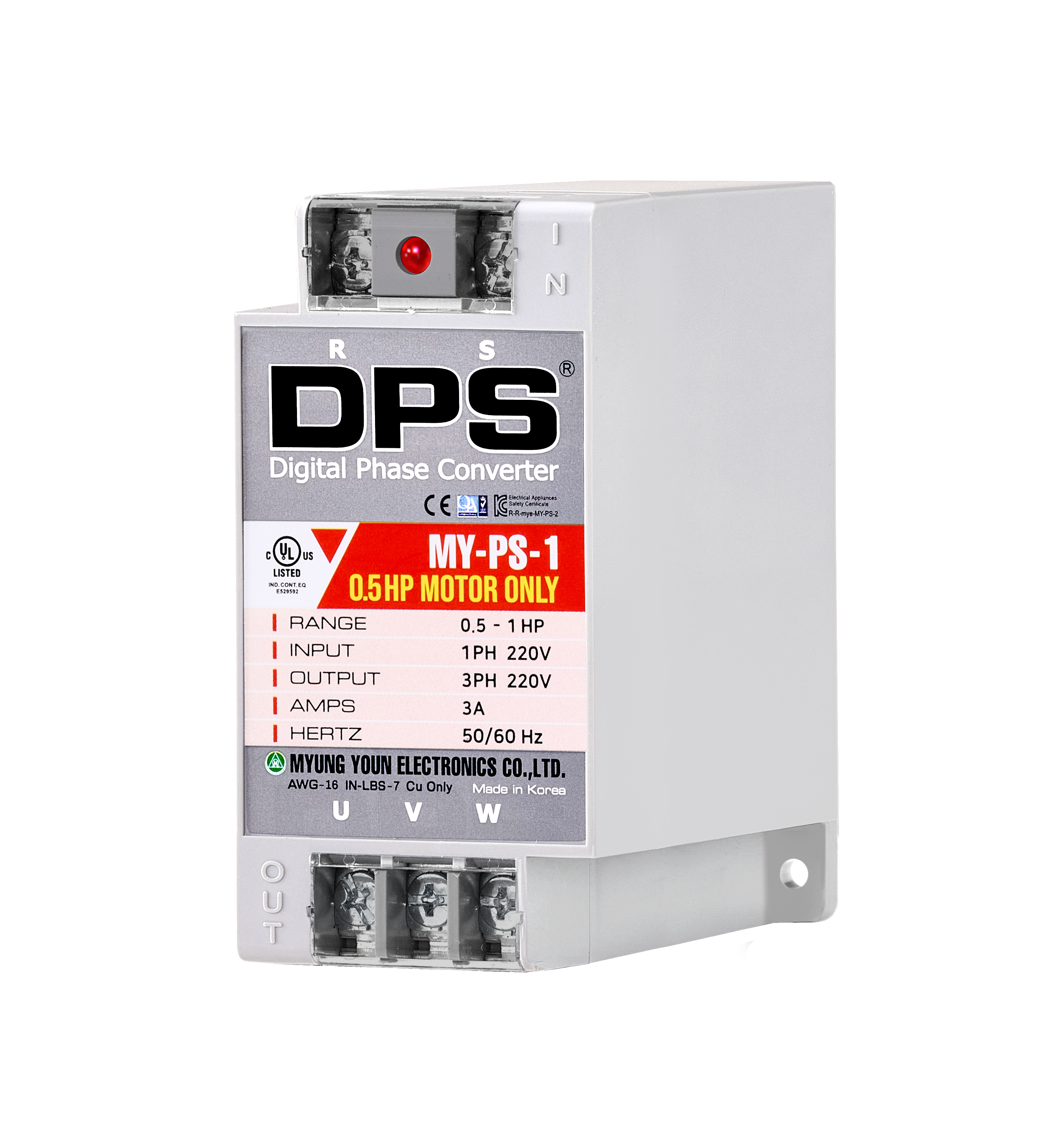 DPS Single Phase to 3 Phase Converter, 1HP(3A), 200V-240V Input/Output, Digital Phase Shifter, MY-PS-1 Model Must Be Used for 0.5HP(0.4kW) 1.5A Motor, DPS Must Be Used for 1 Motor Only, UL-Listed
