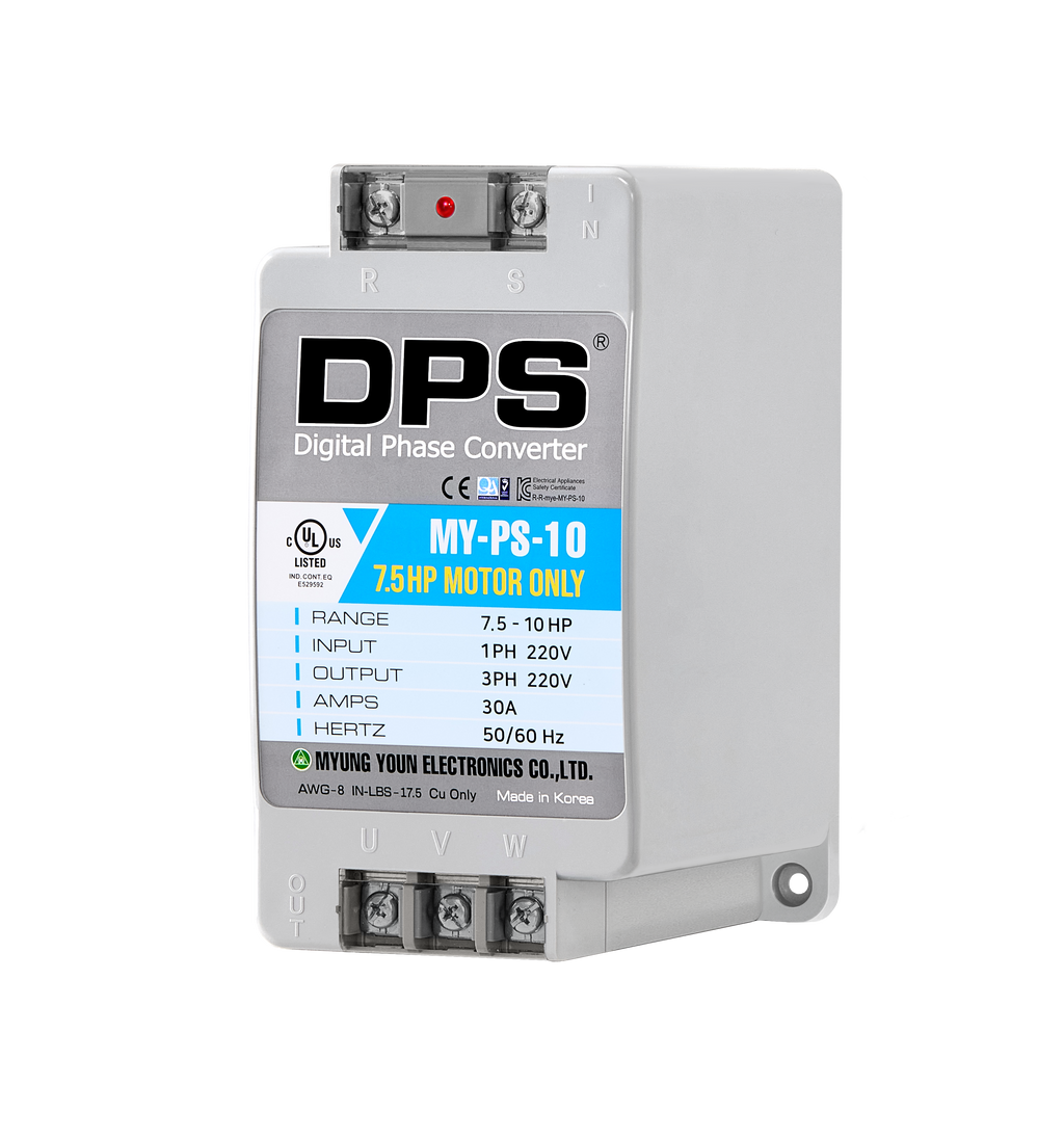 DPS Single Phase to 3 Phase Converter, 10HP(30A), 200V-240V Input/Output, Digital Phase Shifter, MY-PS-10 Model Must Be Used for 7.5HP(5.5kW) 23A Motor, DPS Must Be Used for 1 Motor Only, UL-Listed