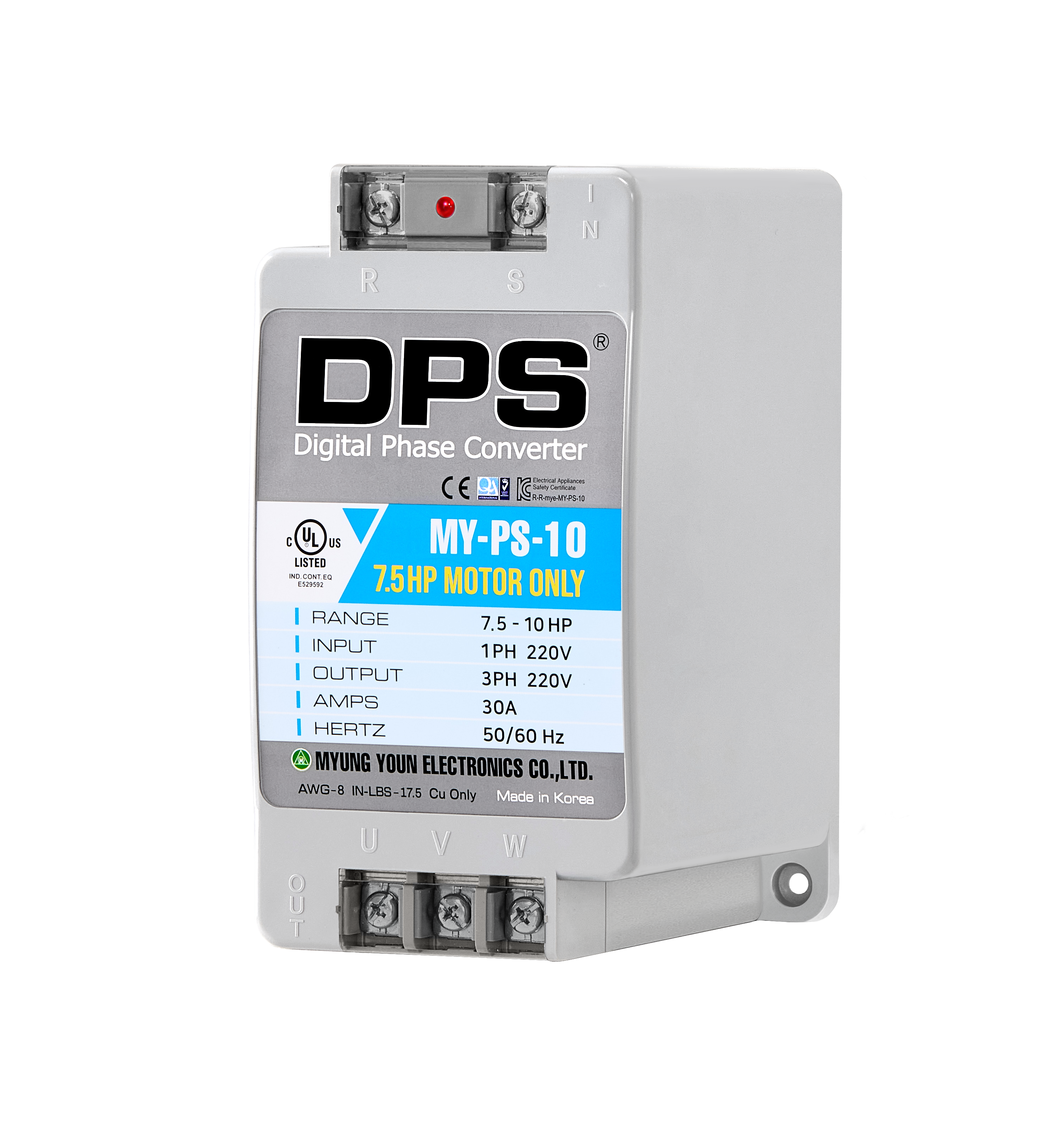 DPS Single Phase to 3 Phase Converter, 10HP(30A), 200V-240V Input/Output, Digital Phase Shifter, MY-PS-10 Model Must Be Used for 7.5HP(5.5kW) 23A Motor, DPS Must Be Used for 1 Motor Only, UL-Listed