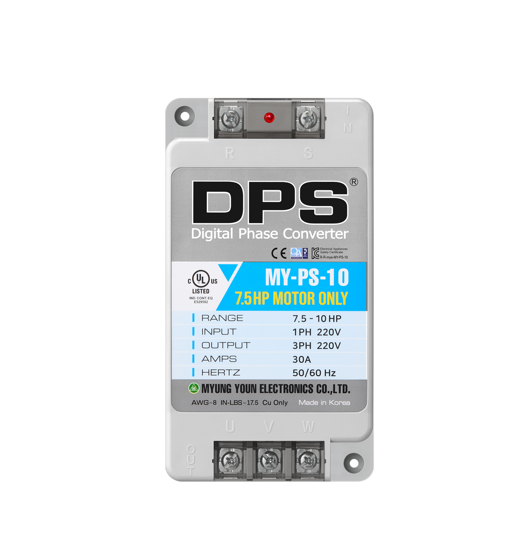 DPS Single Phase to 3 Phase Converter, 10HP(30A), 200V-240V Input/Output, Digital Phase Shifter, MY-PS-10 Model Must Be Used for 7.5HP(5.5kW) 23A Motor, DPS Must Be Used for 1 Motor Only, UL-Listed