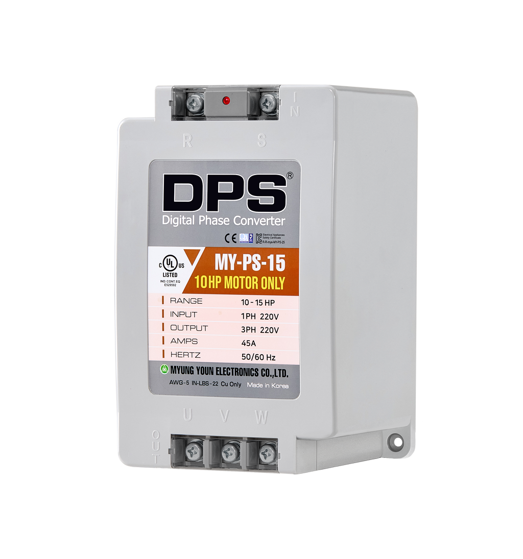 DPS Single Phase to 3 Phase Converter, 15HP(45A), 200V-240V Input/Output, Digital Phase Shifter, MY-PS-15 Model Must Be Used for 10HP(7.5kW) 30A Motor, DPS Must Be Used for 1 Motor Only, UL-Listed