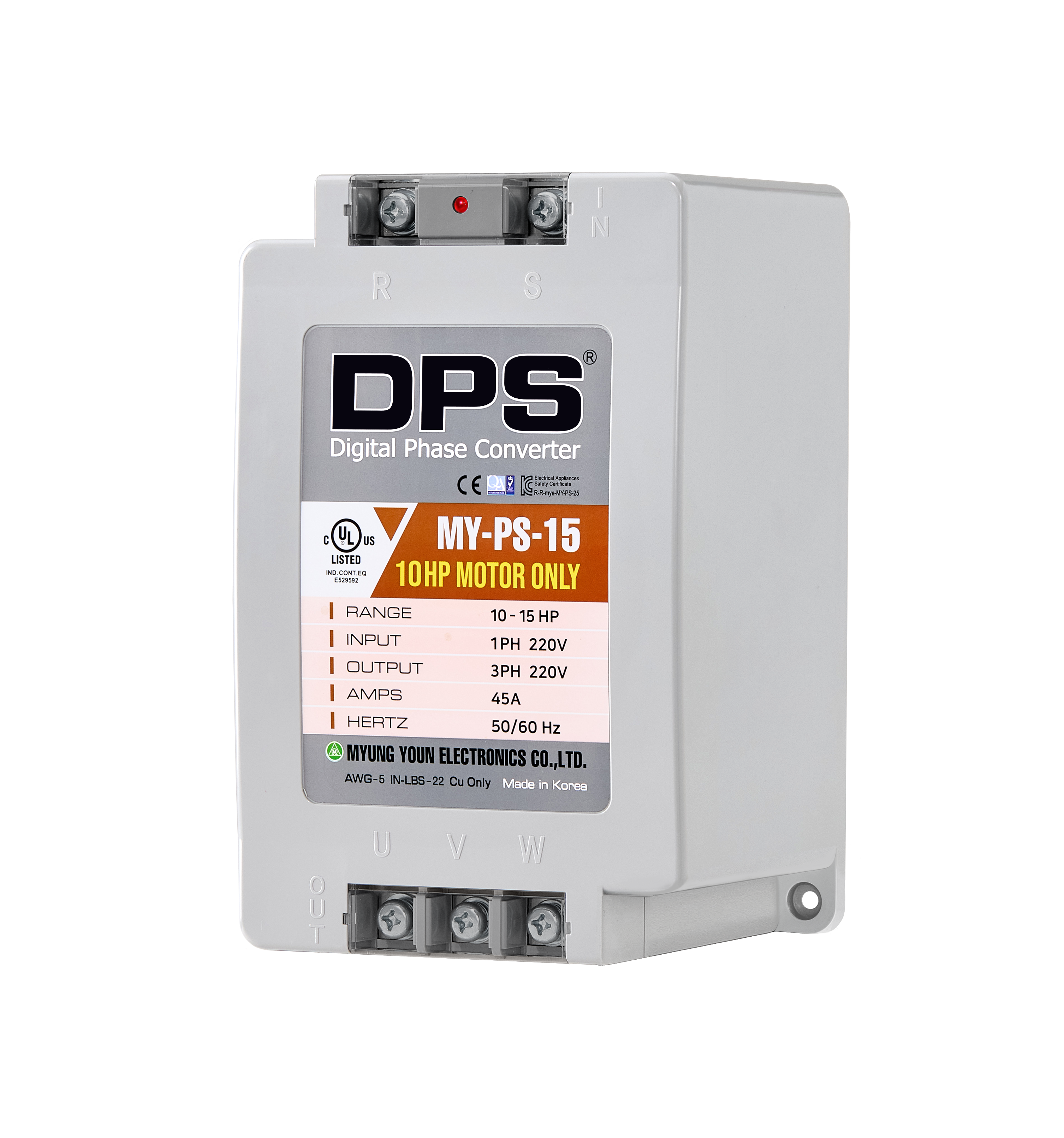 DPS Single Phase to 3 Phase Converter, 15HP(45A), 200V-240V Input/Output, Digital Phase Shifter, MY-PS-15 Model Must Be Used for 10HP(7.5kW) 30A Motor, DPS Must Be Used for 1 Motor Only, UL-Listed