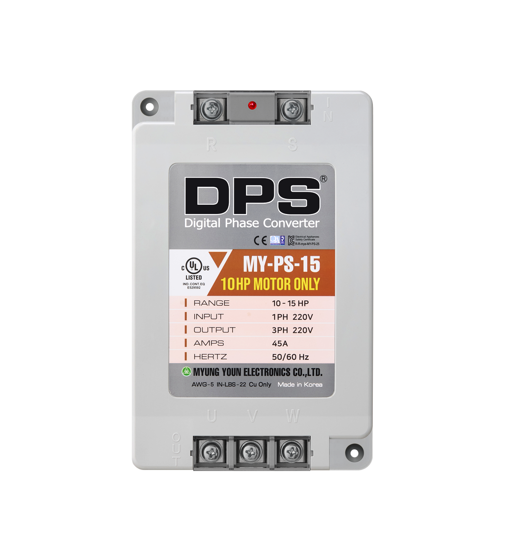 DPS Single Phase to 3 Phase Converter, 15HP(45A), 200V-240V Input/Output, Digital Phase Shifter, MY-PS-15 Model Must Be Used for 10HP(7.5kW) 30A Motor, DPS Must Be Used for 1 Motor Only, UL-Listed