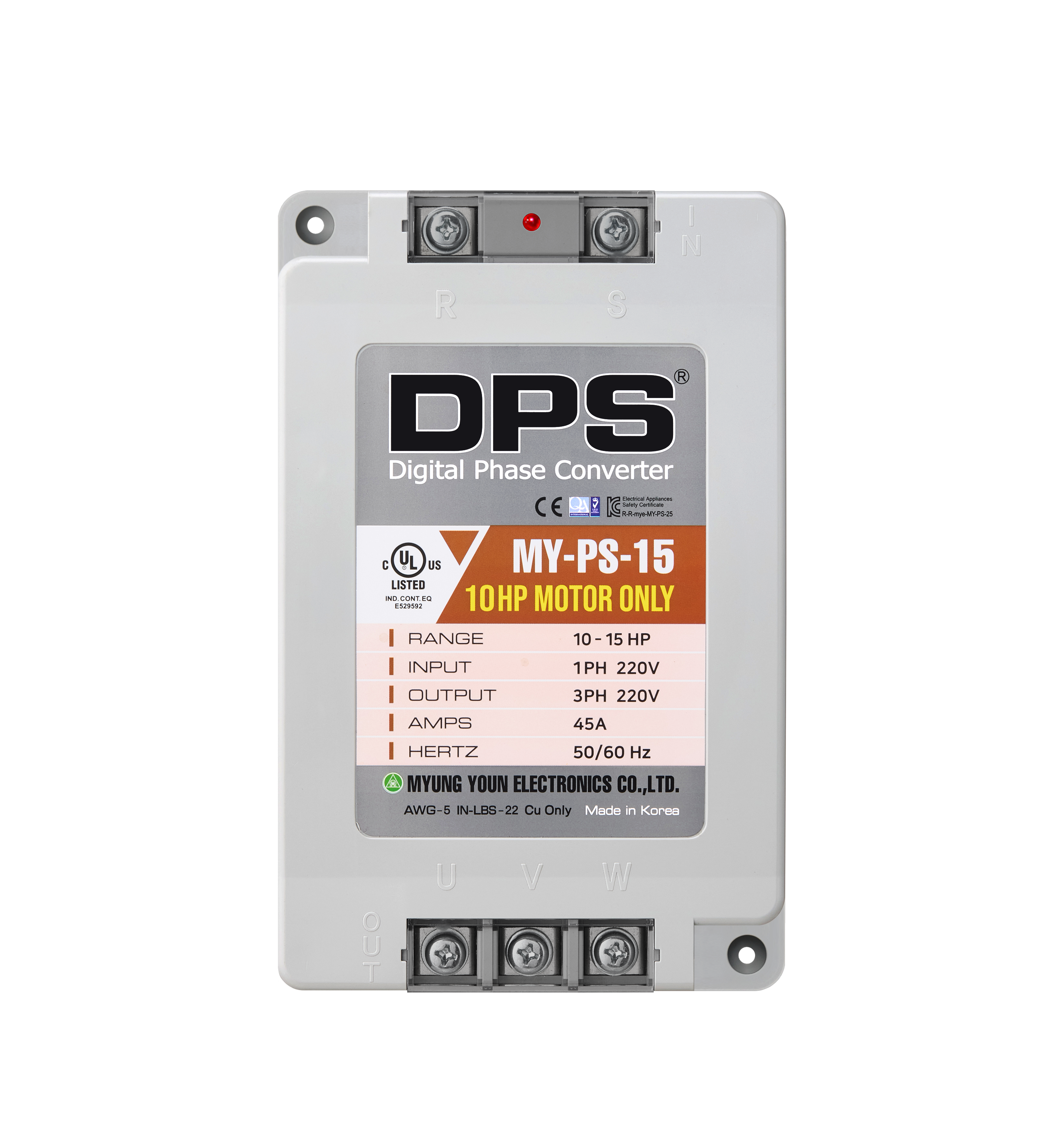 DPS Single Phase to 3 Phase Converter, 15HP(45A), 200V-240V Input/Output, Digital Phase Shifter, MY-PS-15 Model Must Be Used for 10HP(7.5kW) 30A Motor, DPS Must Be Used for 1 Motor Only, UL-Listed