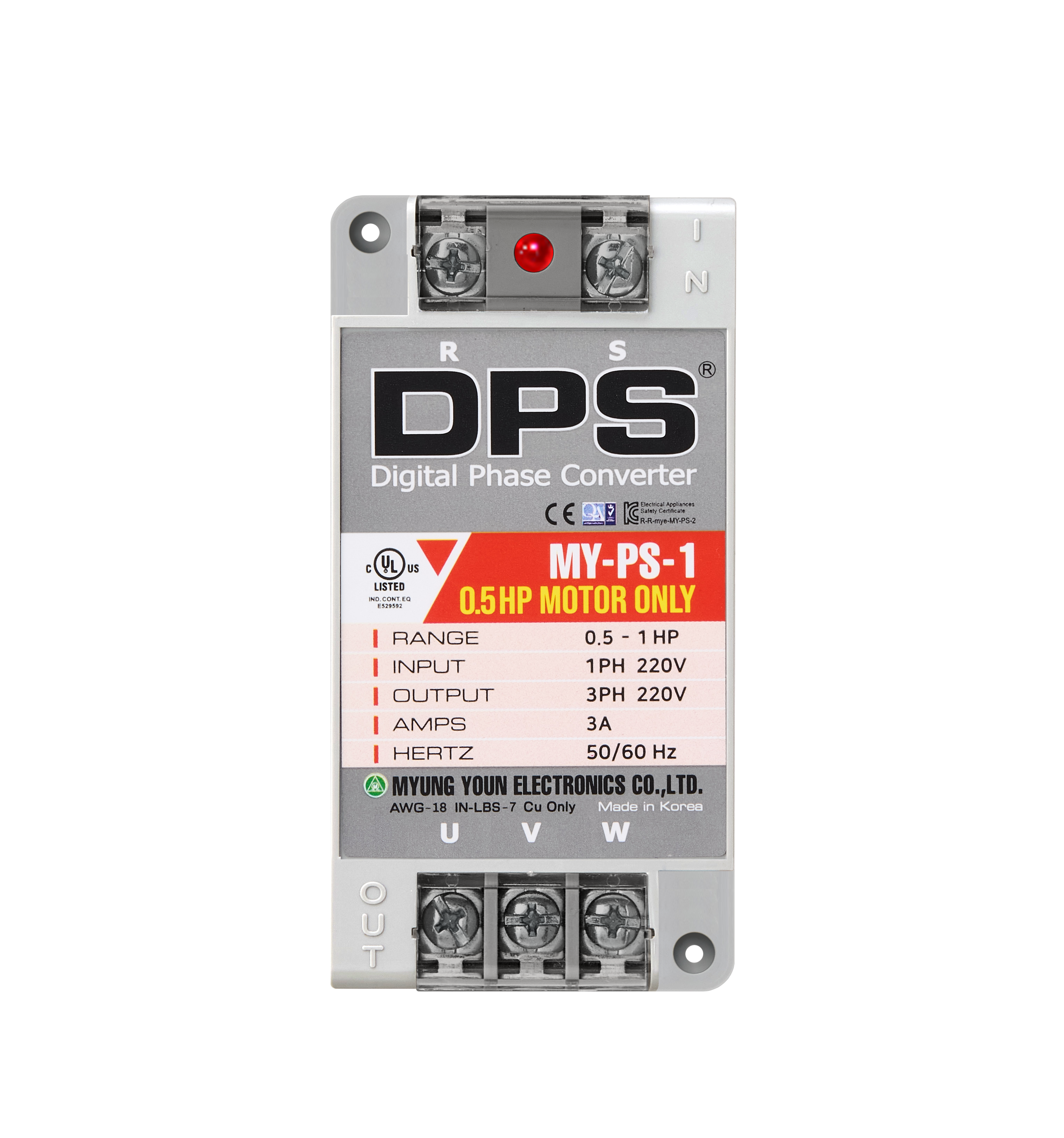 DPS Single Phase to 3 Phase Converter, 1HP(3A), 200V-240V Input/Output, Digital Phase Shifter, MY-PS-1 Model Must Be Used for 0.5HP(0.4kW) 1.5A Motor, DPS Must Be Used for 1 Motor Only, UL-Listed