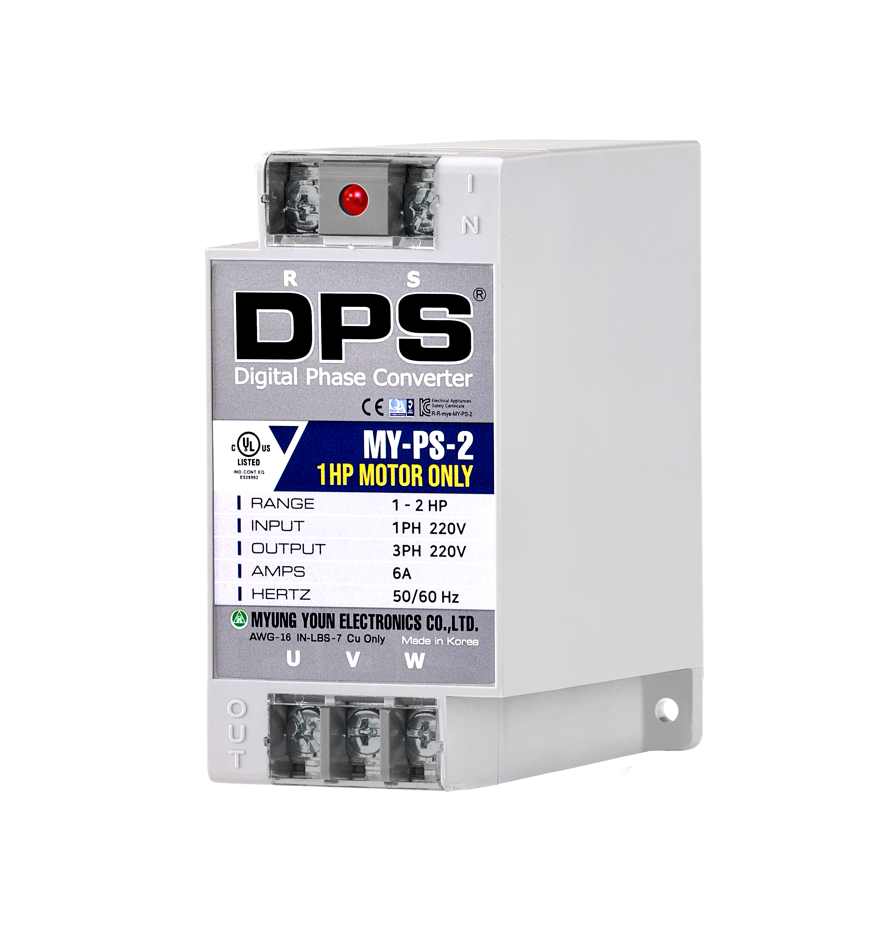 DPS Single Phase to 3 Phase Converter, 2HP(6A), 200V-240V Input/Output, Digital Phase Shifter, MY-PS-2 Model Must Be Used for 1HP(0.75kW) 3A Motor, DPS Must Be Used for 1 Motor Only, UL-Listed