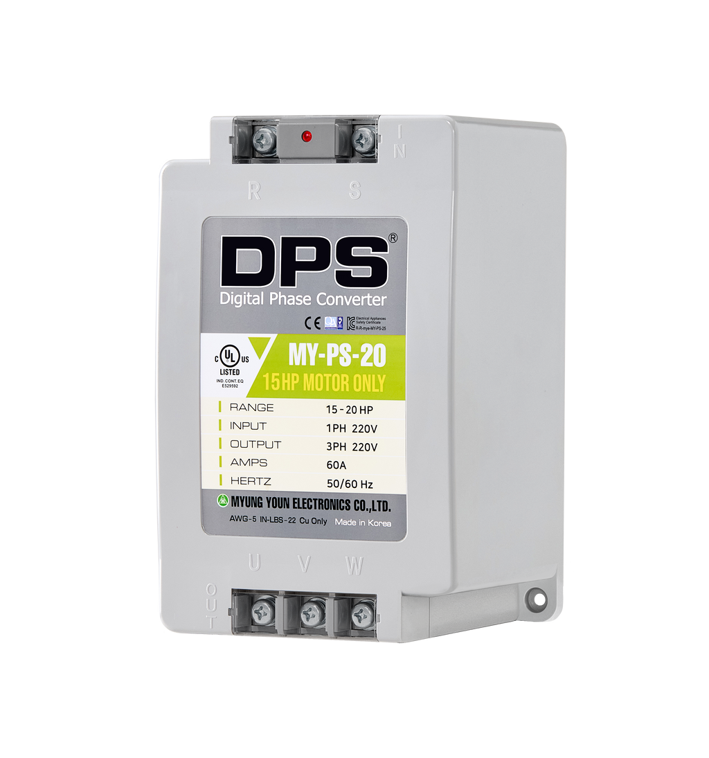 DPS Single Phase to 3 Phase Converter, 20HP(60A), 200V-240V Input/Output, Digital Phase Shifter, MY-PS-20 Model Must Be Used for 15HP(11kW) 45A Motor, DPS Must Be Used for 1 Motor Only, UL-Listed